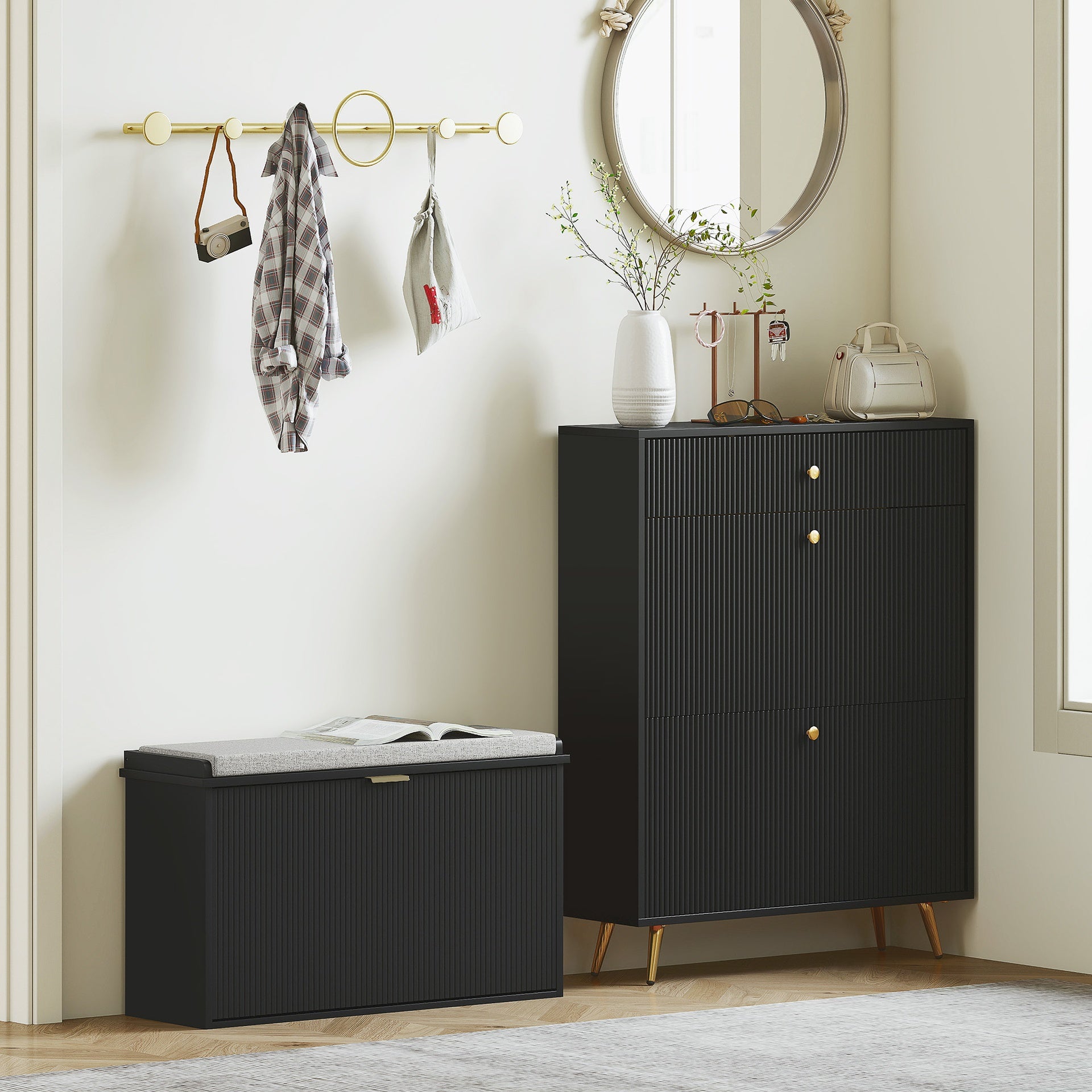 HOMCOM Shoe Storage Bench with Padded Seat Cushion and Flip-Drawer, Entryway Bench, Shoe Cabinet, 31.5x10.2x18.7 Inches, Black