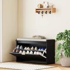 HOMCOM Shoe Storage Bench with Padded Seat Cushion and Flip-Drawer, Entryway Bench, Shoe Cabinet, 31.5x10.2x18.7 Inches, Black