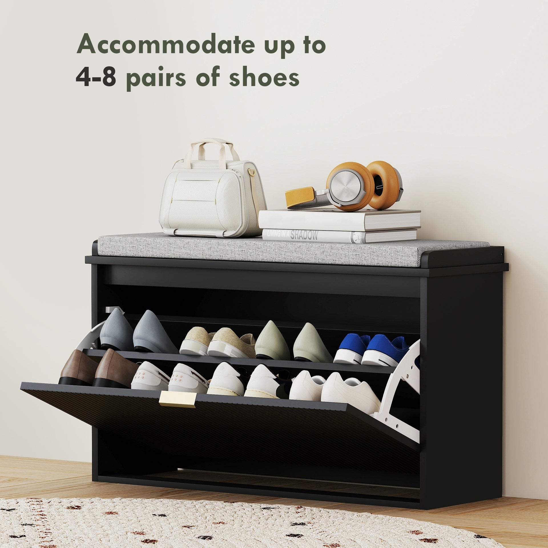HOMCOM Shoe Storage Bench with Padded Seat Cushion and Flip-Drawer, Entryway Bench, Shoe Cabinet, 31.5x10.2x18.7 Inches, Black