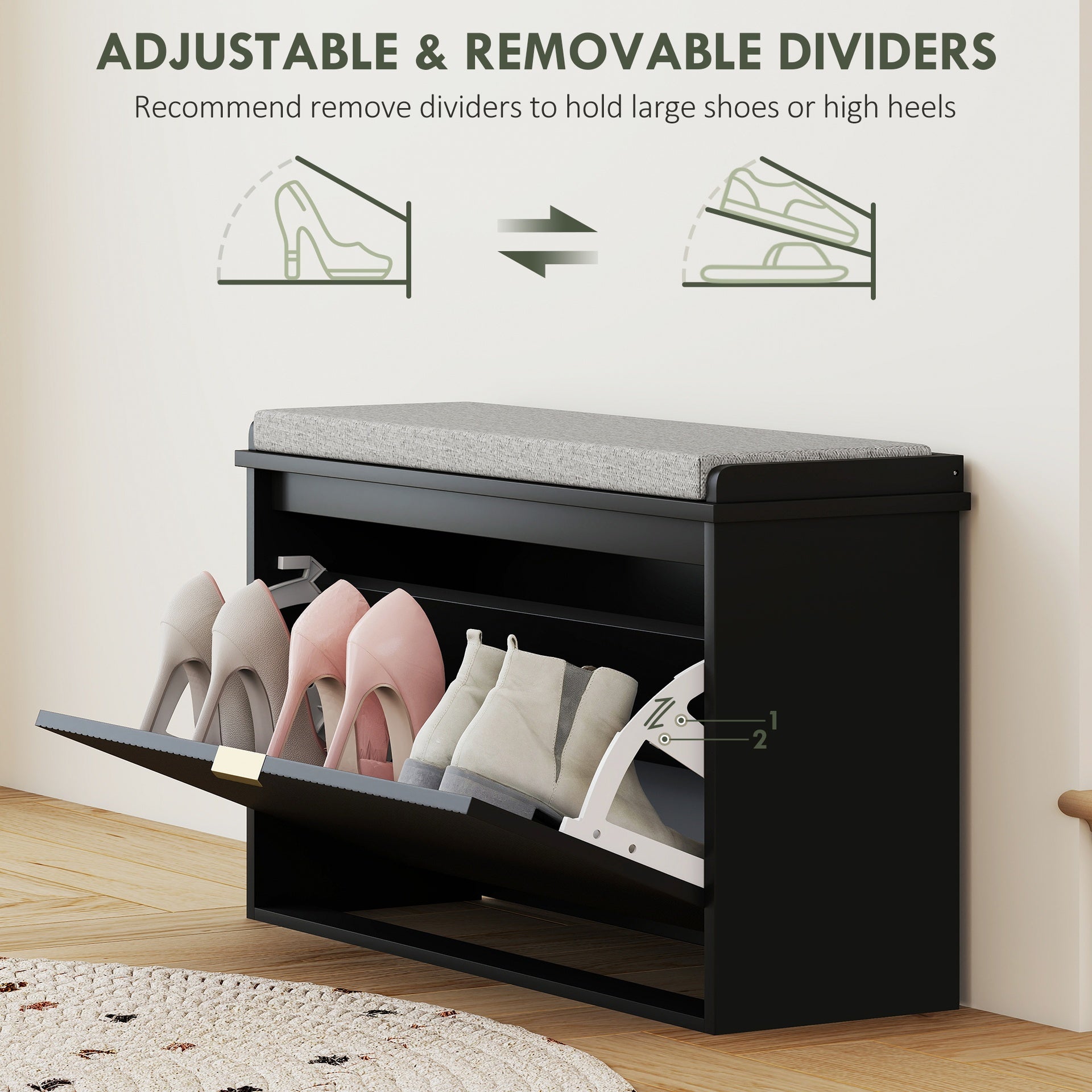 HOMCOM Shoe Storage Bench with Padded Seat Cushion and Flip-Drawer, Entryway Bench, Shoe Cabinet, 31.5x10.2x18.7 Inches, Black