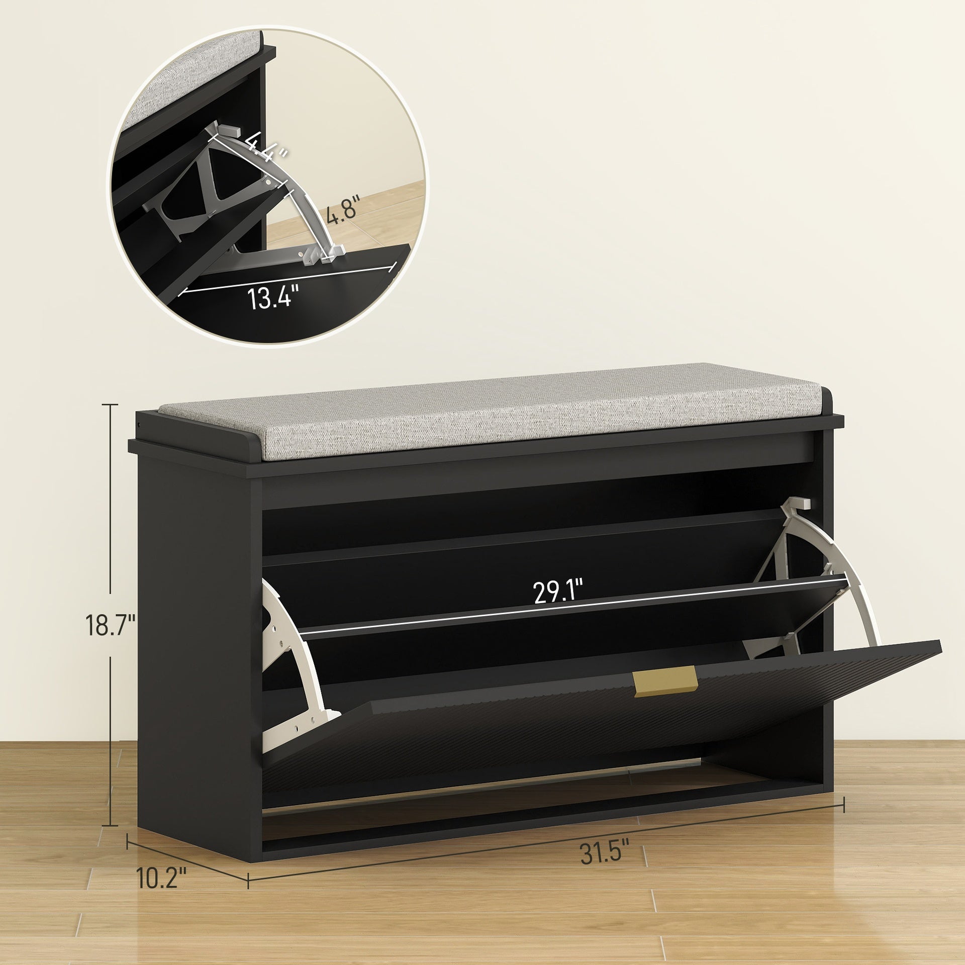 HOMCOM Shoe Storage Bench with Padded Seat Cushion and Flip-Drawer, Entryway Bench, Shoe Cabinet, 31.5x10.2x18.7 Inches, Black