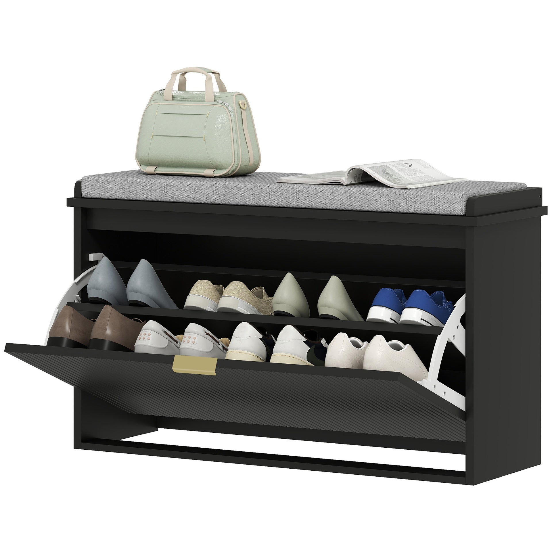 HOMCOM Shoe Storage Bench with Padded Seat Cushion and Flip-Drawer, Entryway Bench, Shoe Cabinet, 31.5x10.2x18.7 Inches, Black