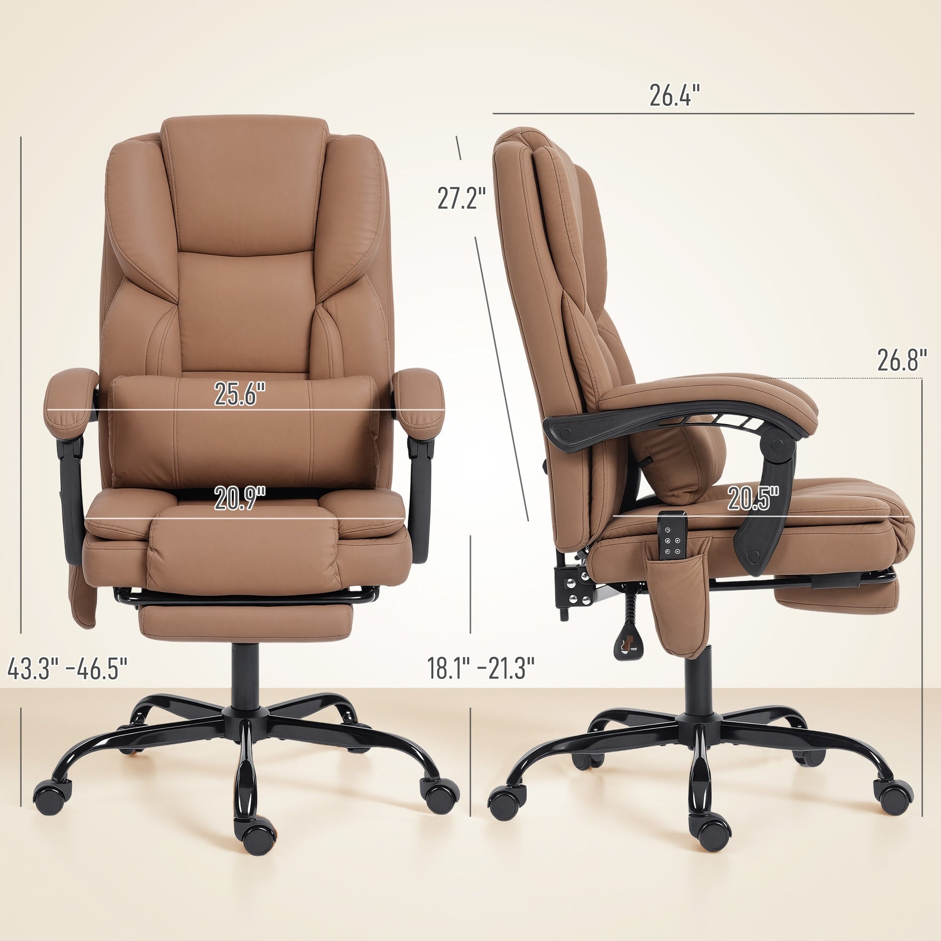 HOMCOM Office Chair with Massage, Pet-Friendly Faux Leather Reclining Desk Chair with Lumbar Support, Footrest, Brown