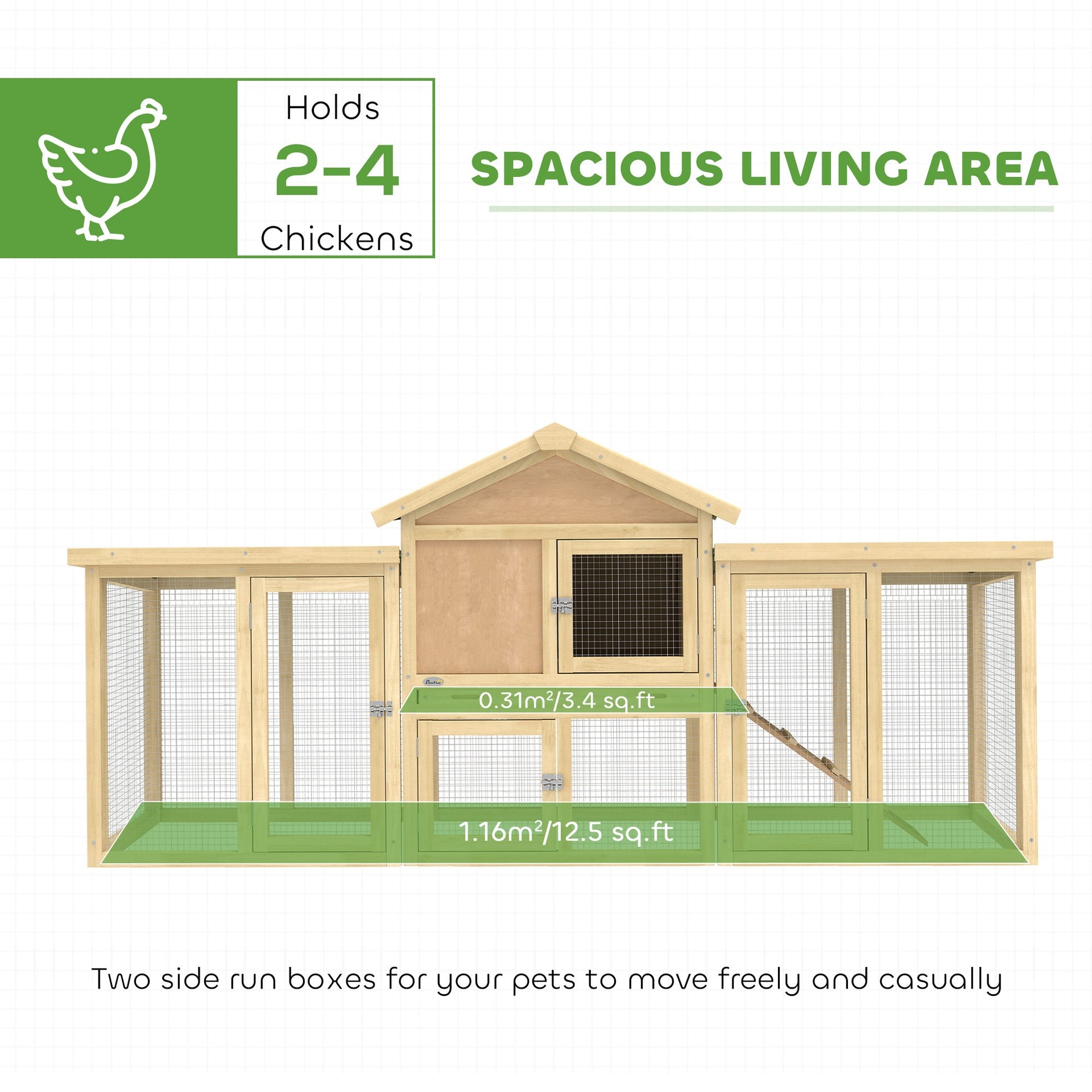 PawHut Wooden Chicken Coop ith Nesting Box, Double Runs, Removable Tray, Ramp, for Garden Backyard