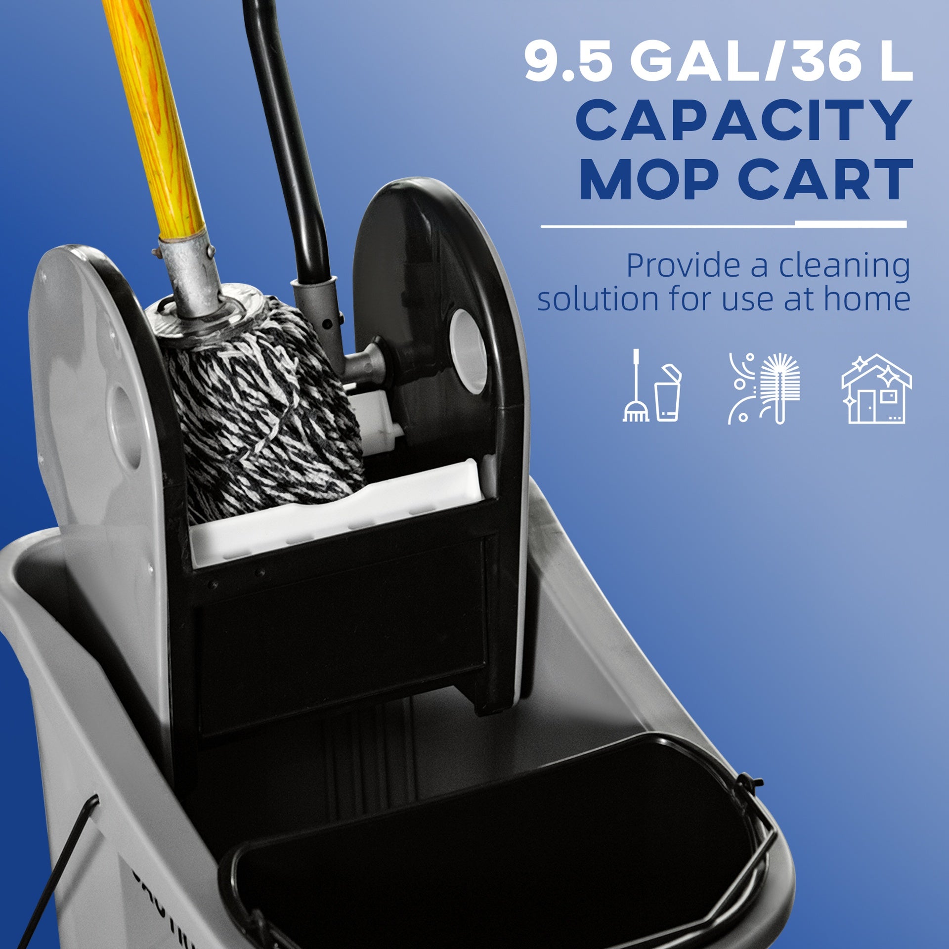 HOMCOM 9.5 Gallon (38 Quart) Mop Bucket with Wringer Cleaning Cart, 4 Moving Wheels, Mop-Handle Holder & 2 Separate Buckets, Gray