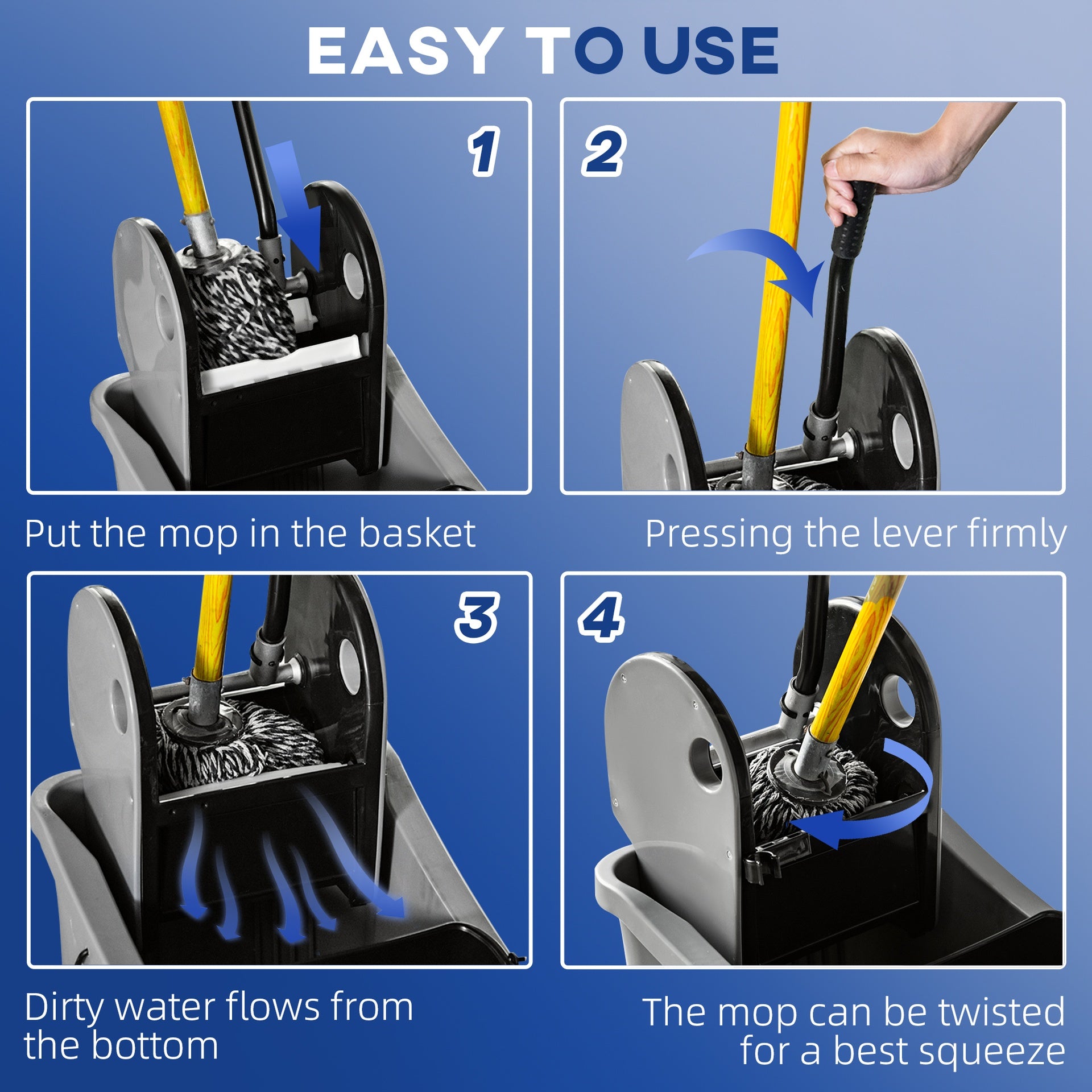 HOMCOM 9.5 Gallon (38 Quart) Mop Bucket with Wringer Cleaning Cart, 4 Moving Wheels, Mop-Handle Holder & 2 Separate Buckets, Gray