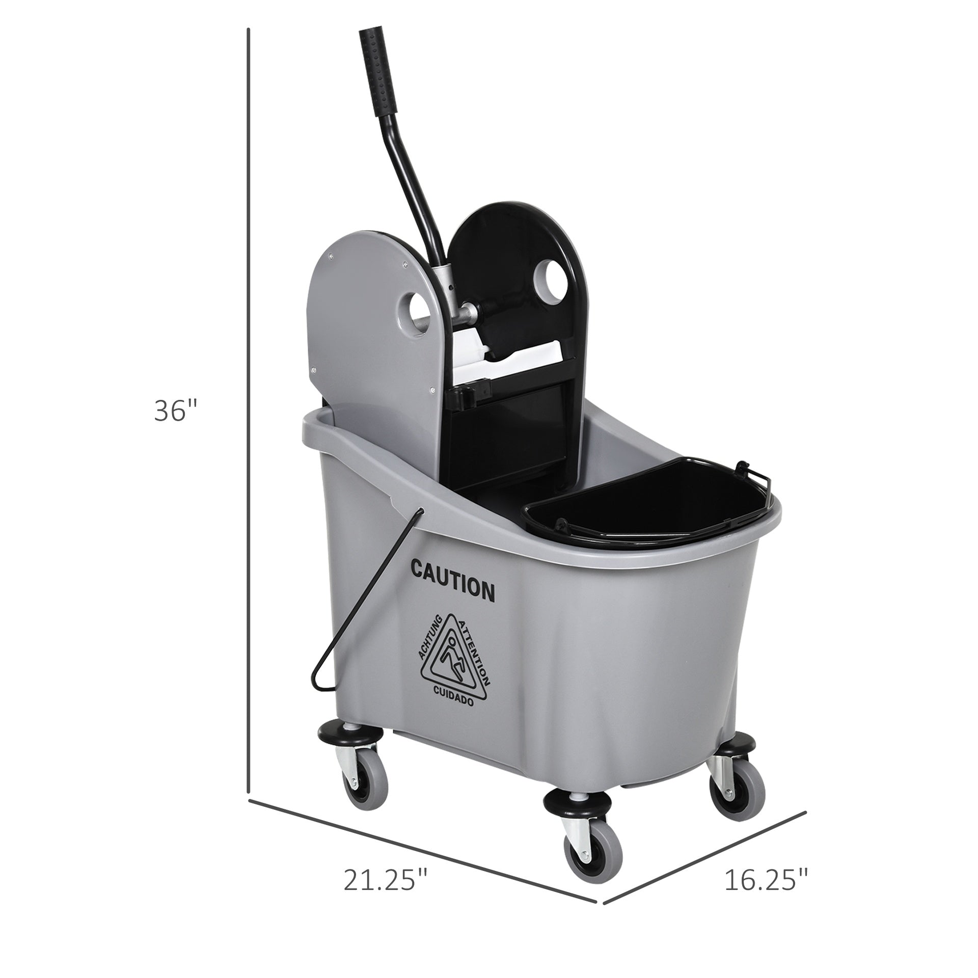 HOMCOM 9.5 Gallon (38 Quart) Mop Bucket with Wringer Cleaning Cart, 4 Moving Wheels, Mop-Handle Holder & 2 Separate Buckets, Gray