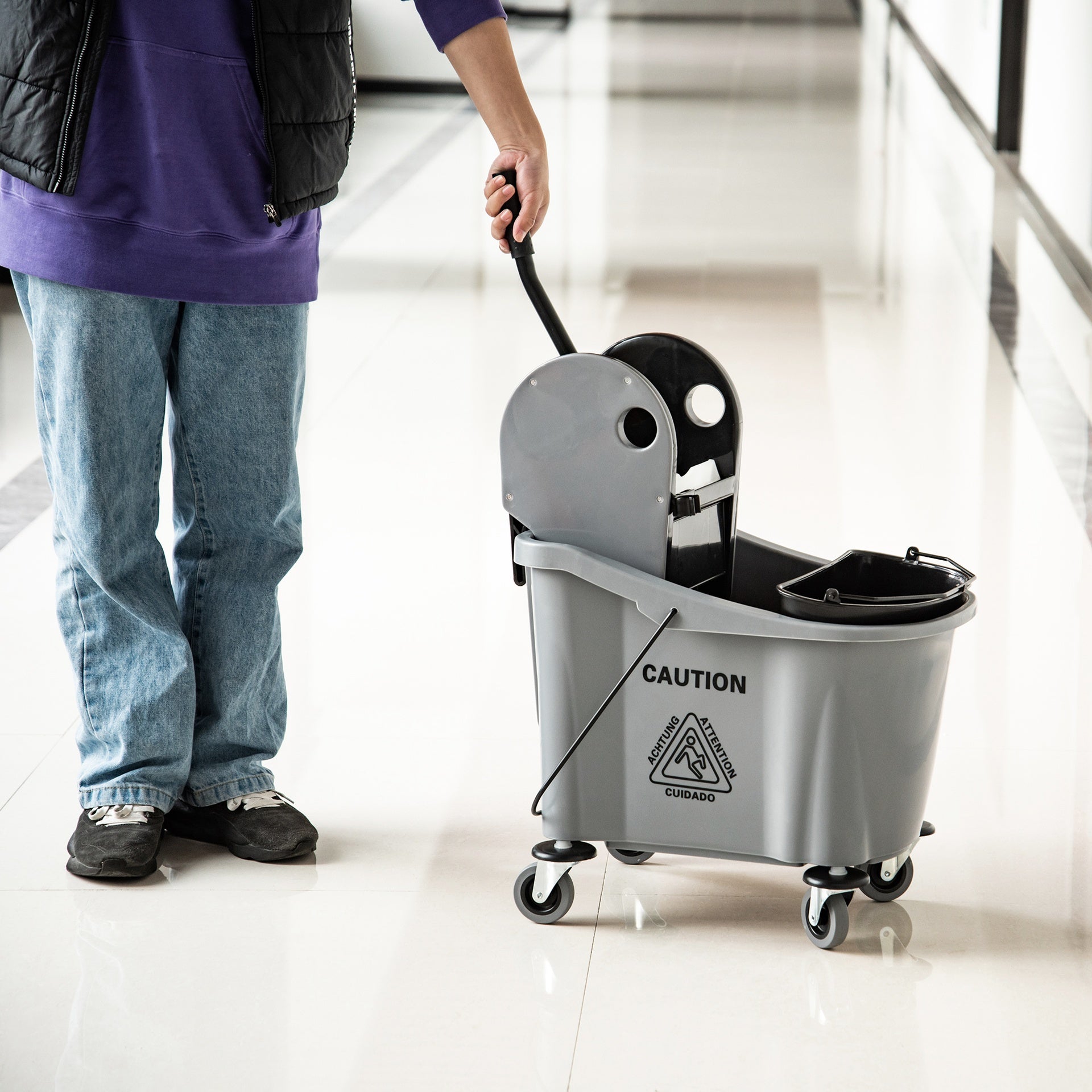 HOMCOM 9.5 Gallon (38 Quart) Mop Bucket with Wringer Cleaning Cart, 4 Moving Wheels, Mop-Handle Holder & 2 Separate Buckets, Gray