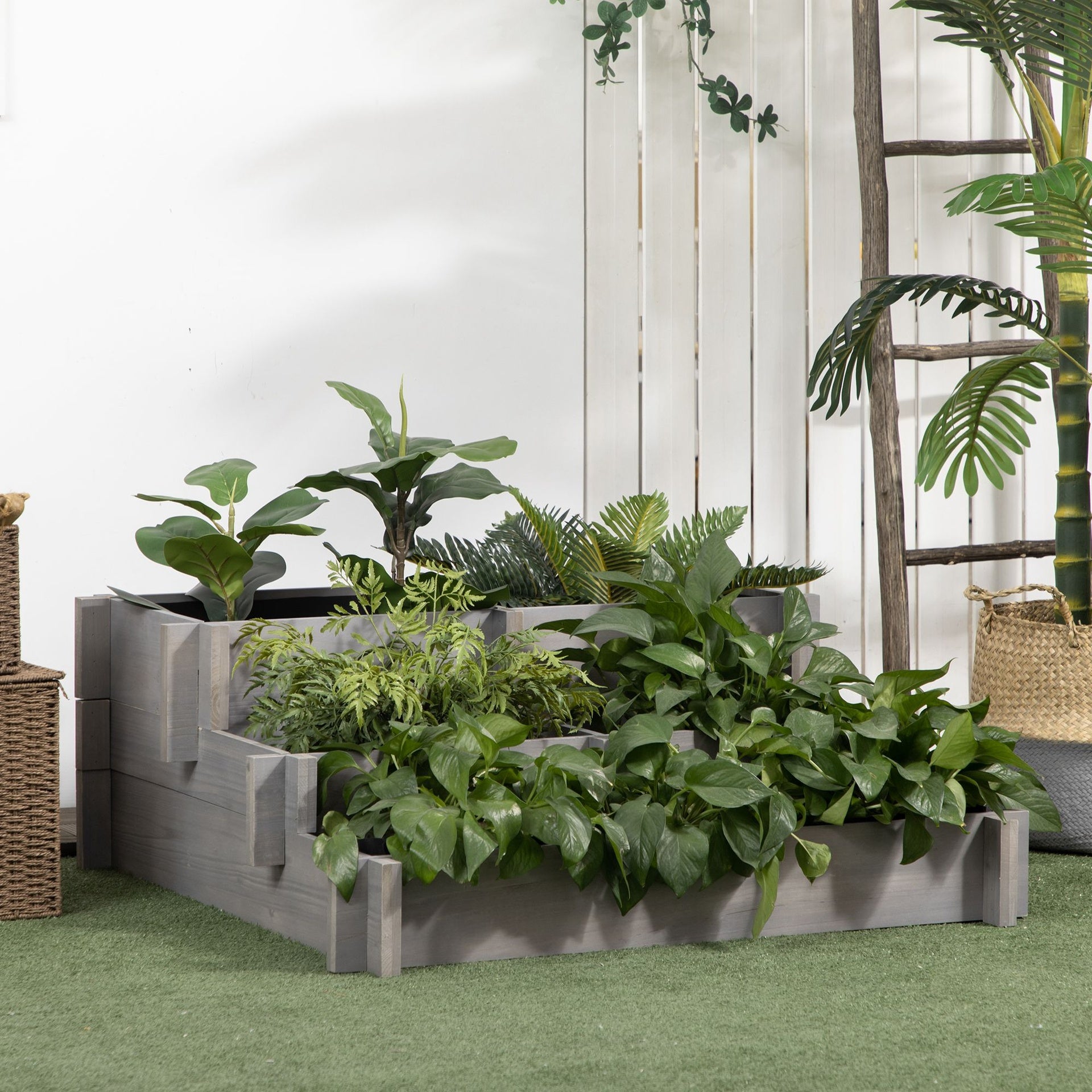 Outsunny 3 Tier Raised Garden Bed, Water Draining Fabric for Soil, Elevated Wood Flower Box for Vegetables, Herbs, Gray