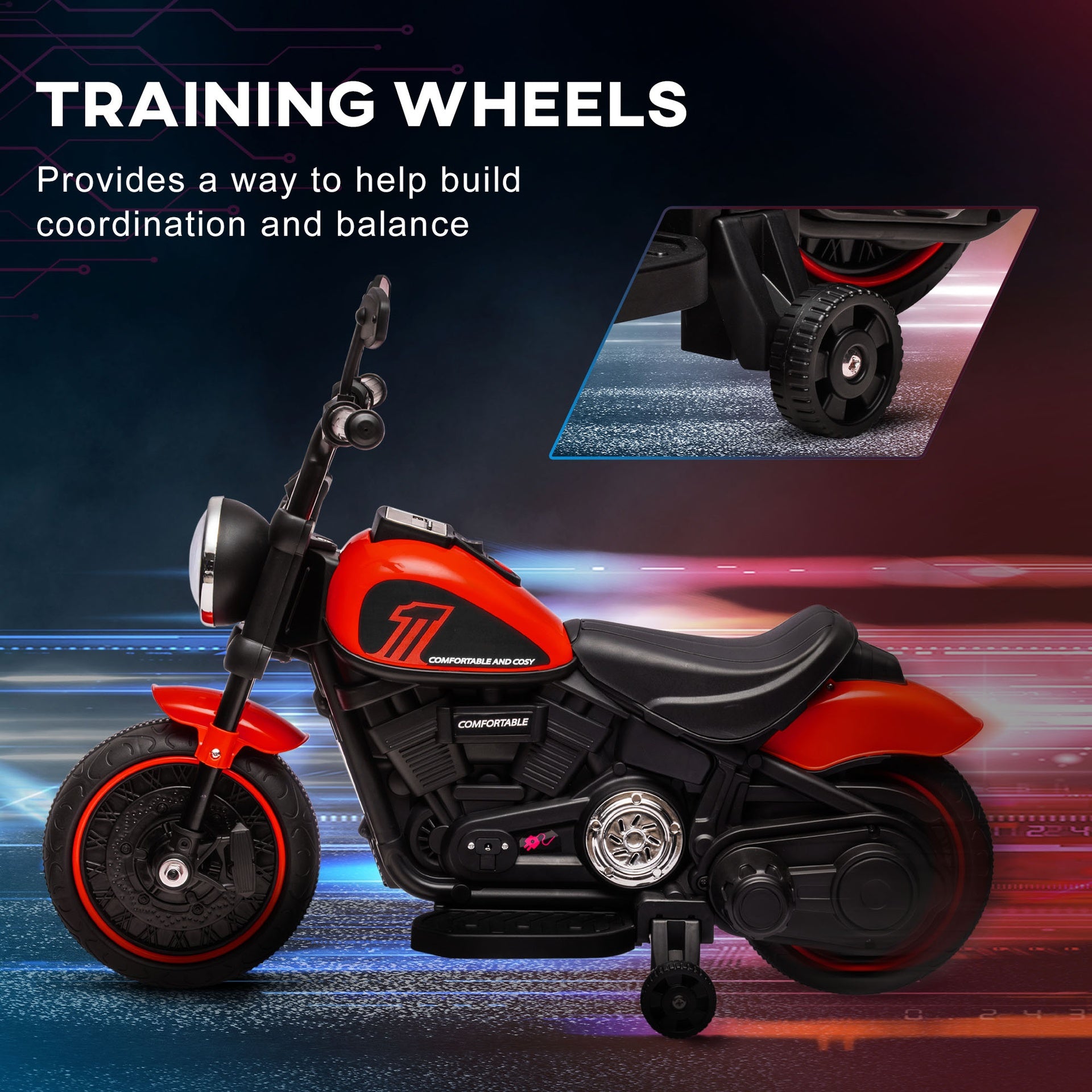 Aosom 6V Kids Motorcycle w/ Training Wheels, Single-Button Start, Red
