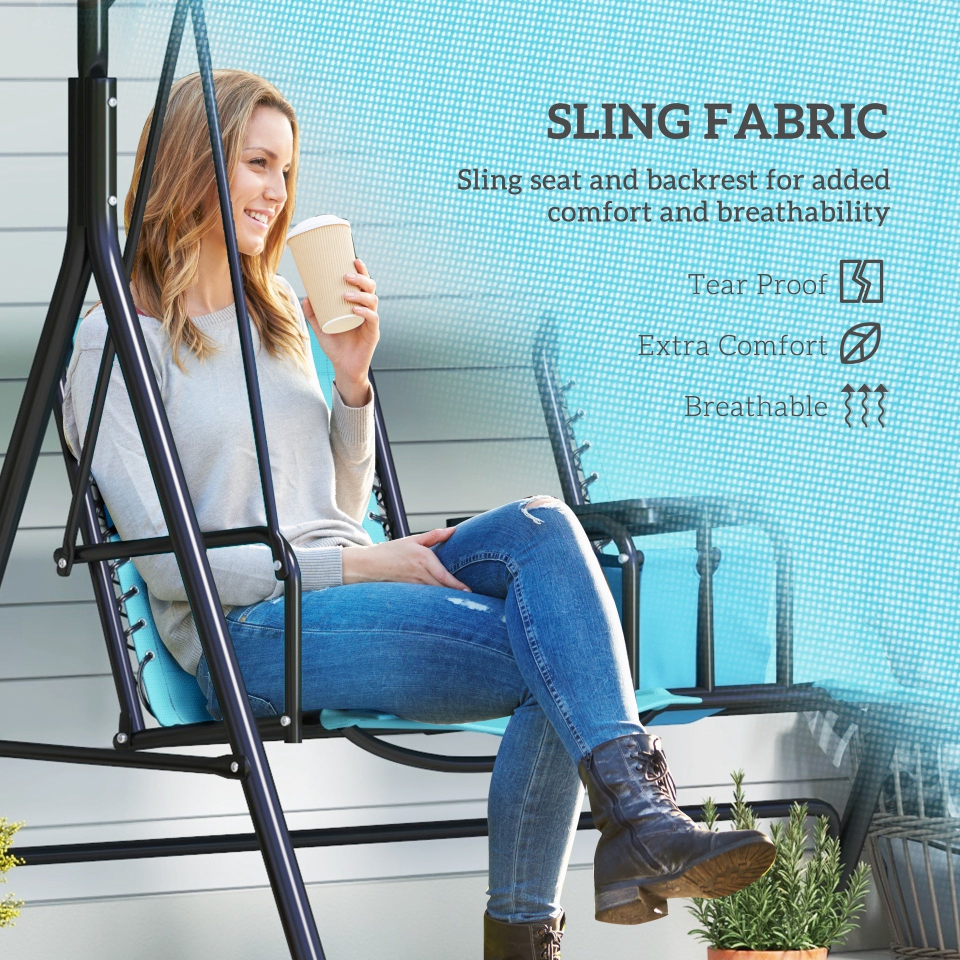 Outsunny 2 Person Porch Swing with Canopy, Storage Table, Cup Holder, Blue