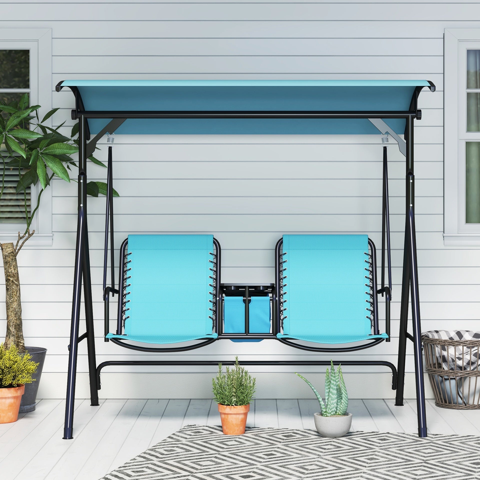 Outsunny 2 Person Porch Swing with Canopy, Storage Table, Cup Holder, Blue