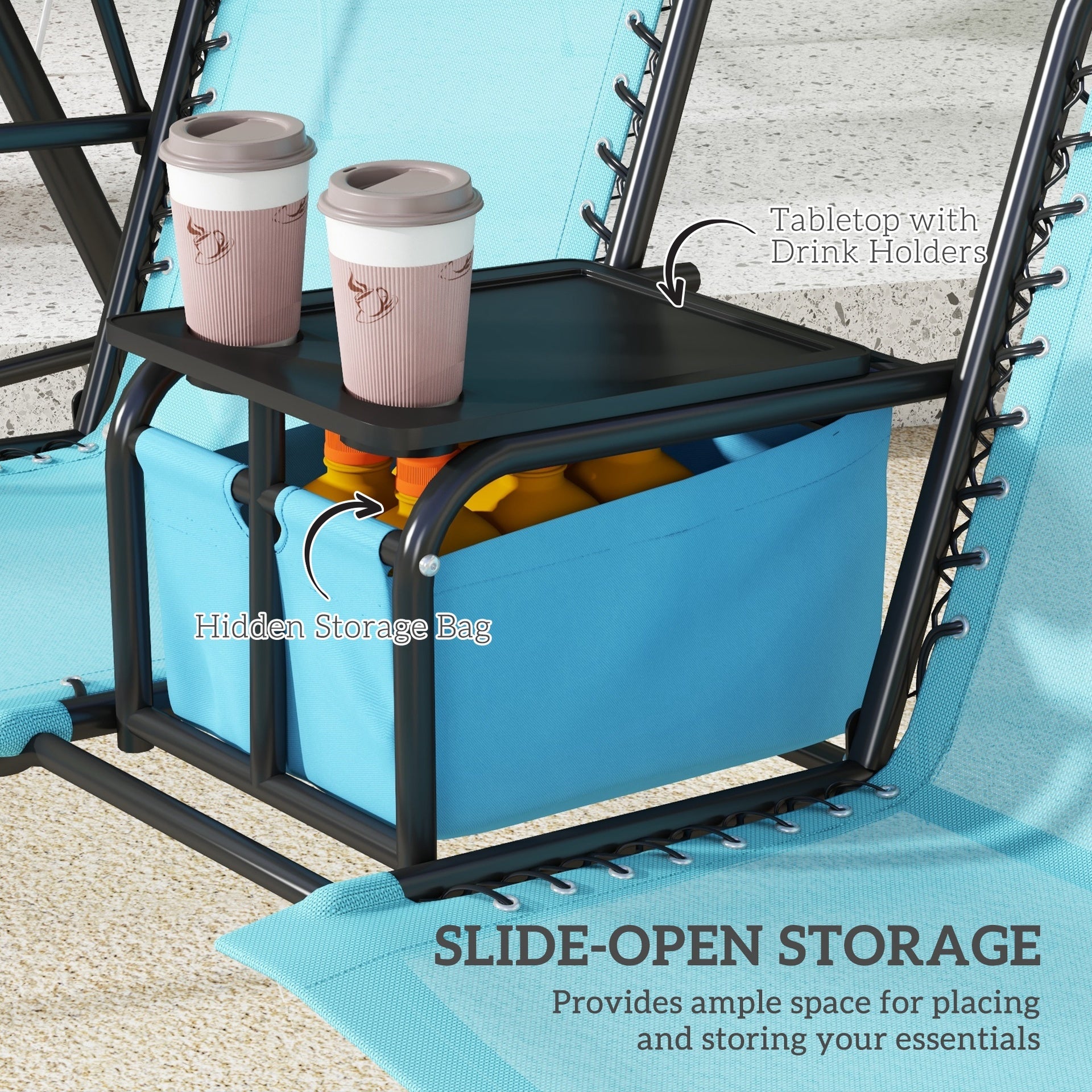 Outsunny 2 Person Porch Swing with Canopy, Storage Table, Cup Holder, Blue