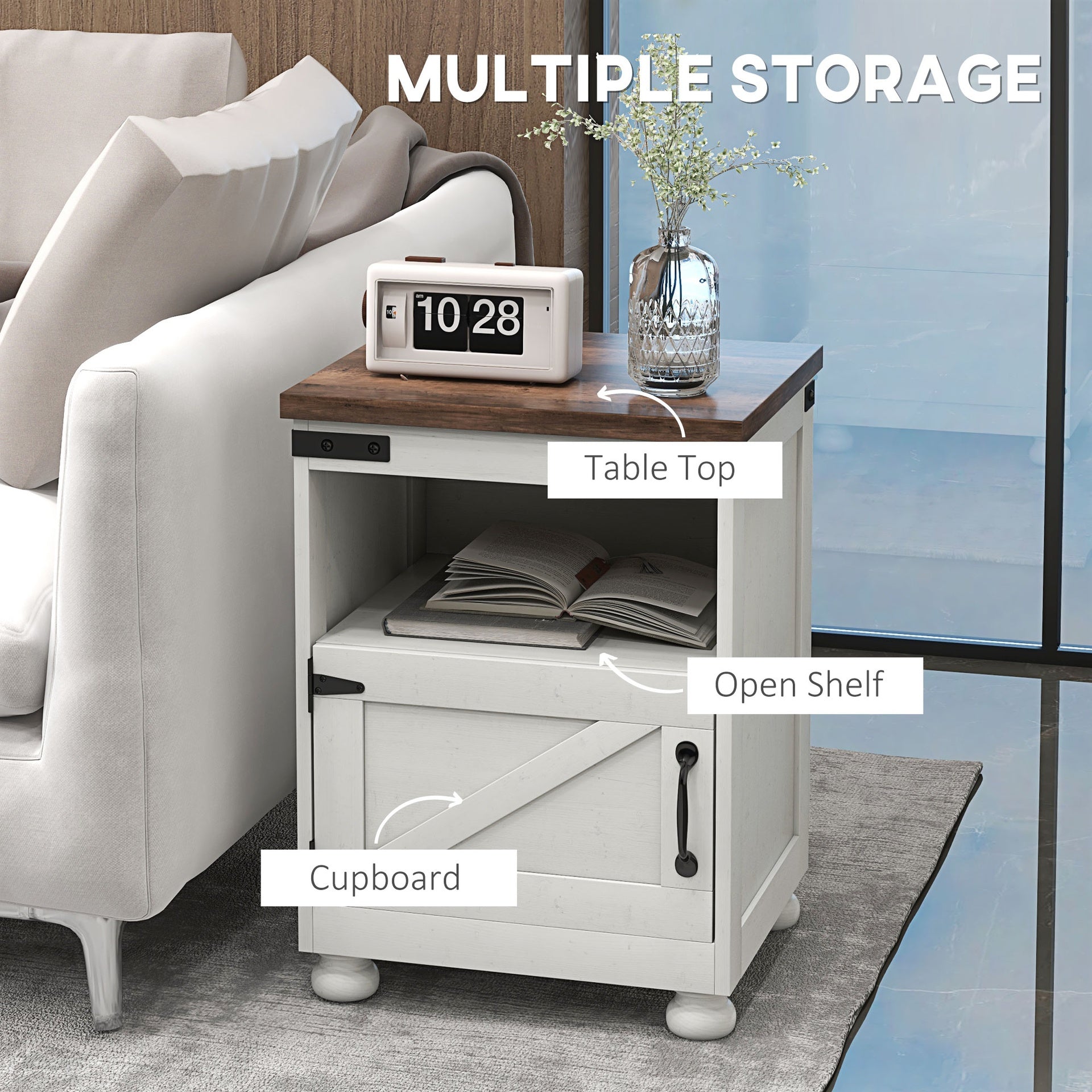 HOMCOM Side Table with Storage, End Table with Open Shelf, Cupboard and Wood Legs, Modern and Farmhouse Style, White