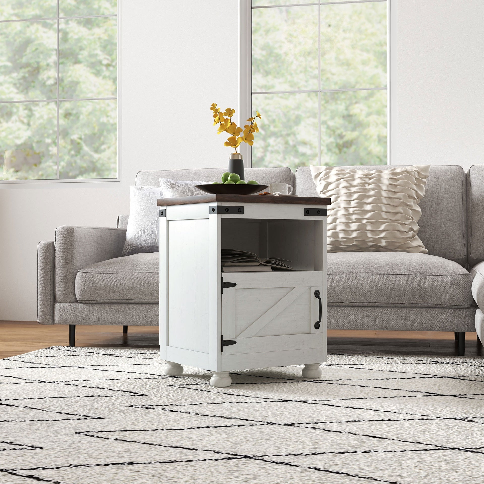 HOMCOM Side Table with Storage, End Table with Open Shelf, Cupboard and Wood Legs, Modern and Farmhouse Style, White