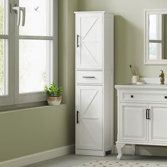 HOMCOM Farmhouse Linen Closet with Drawer, 67" Tall Bathroom Storage Cabinet with Barn Doors and Adjustable Shelves, White