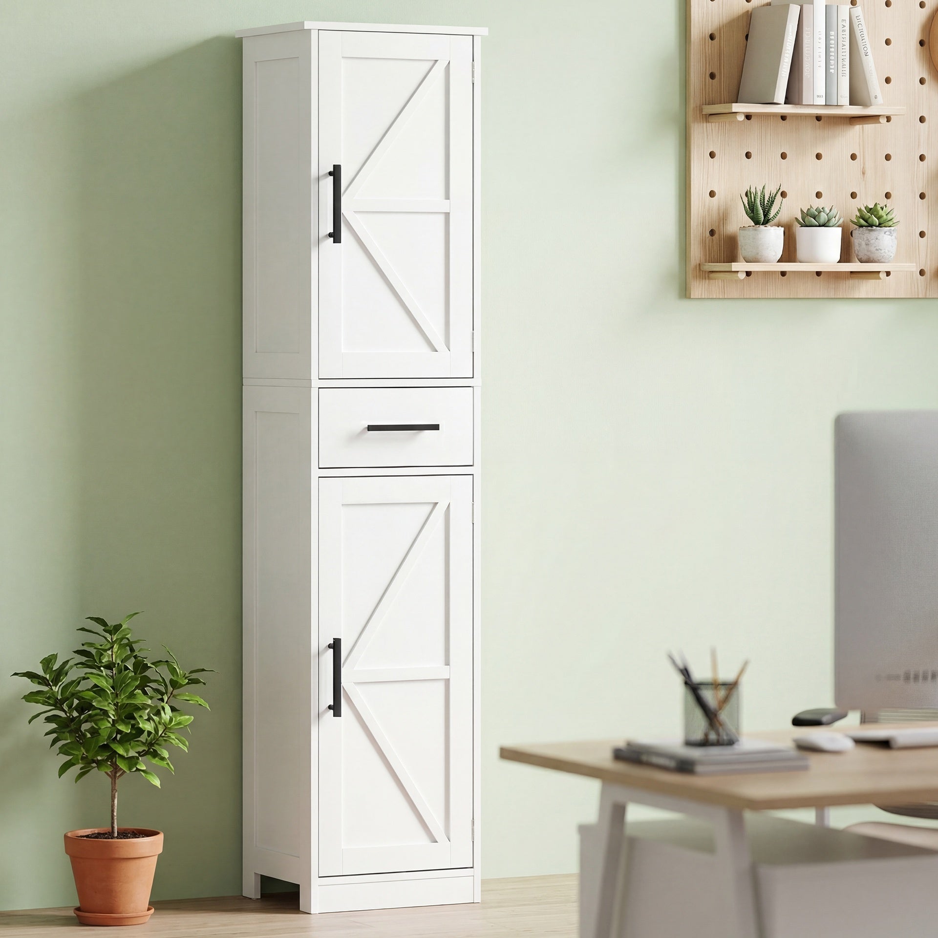 HOMCOM Farmhouse Linen Closet with Drawer, 67" Tall Bathroom Storage Cabinet with Barn Doors and Adjustable Shelves, White