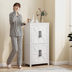 HOMCOM Bathroom Floor Storage Cabinet, Farmhouse Bathroom Cabinet with 4 Doors and Adjustable Shelf, White