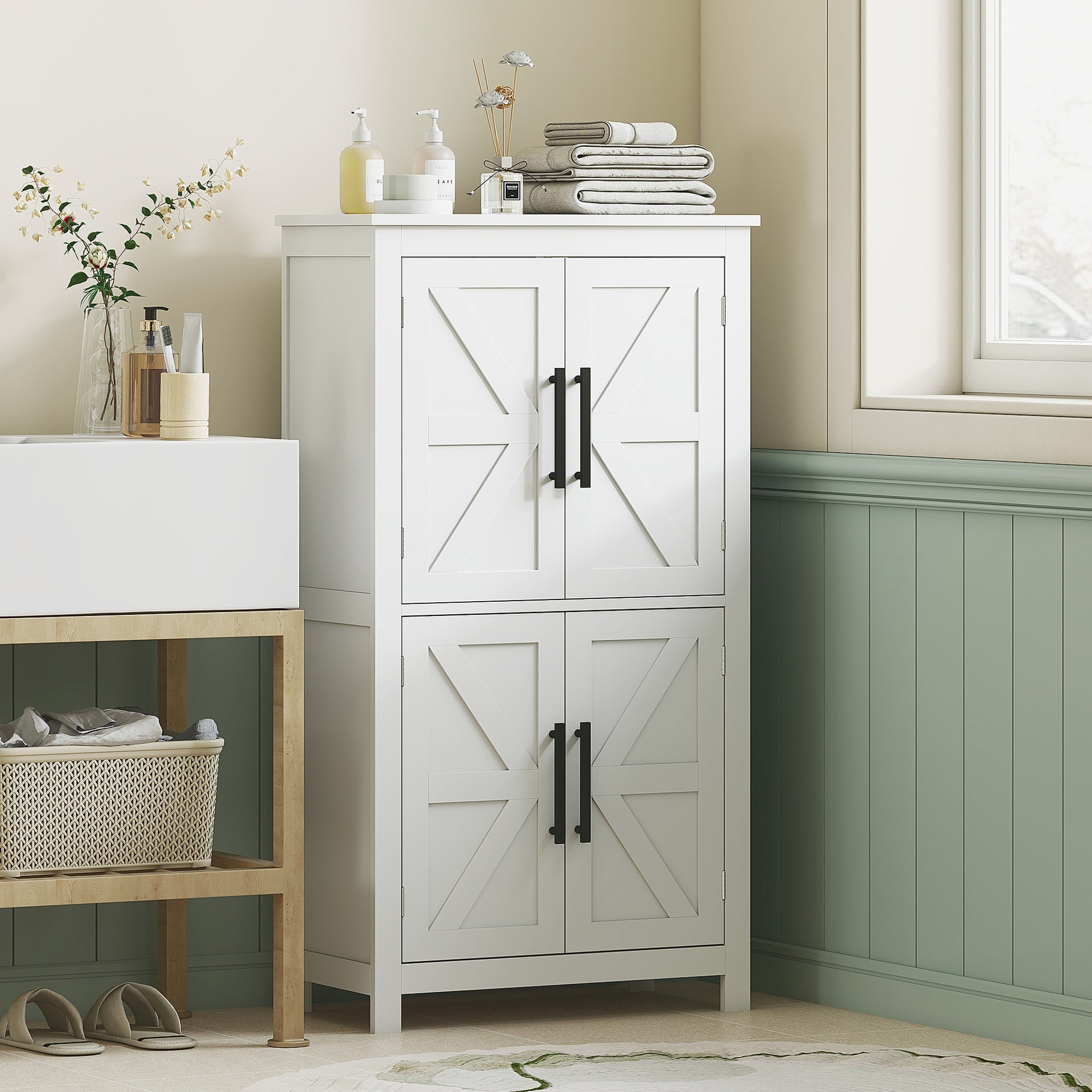 HOMCOM Bathroom Floor Storage Cabinet, Farmhouse Bathroom Cabinet with 4 Doors and Adjustable Shelf, White