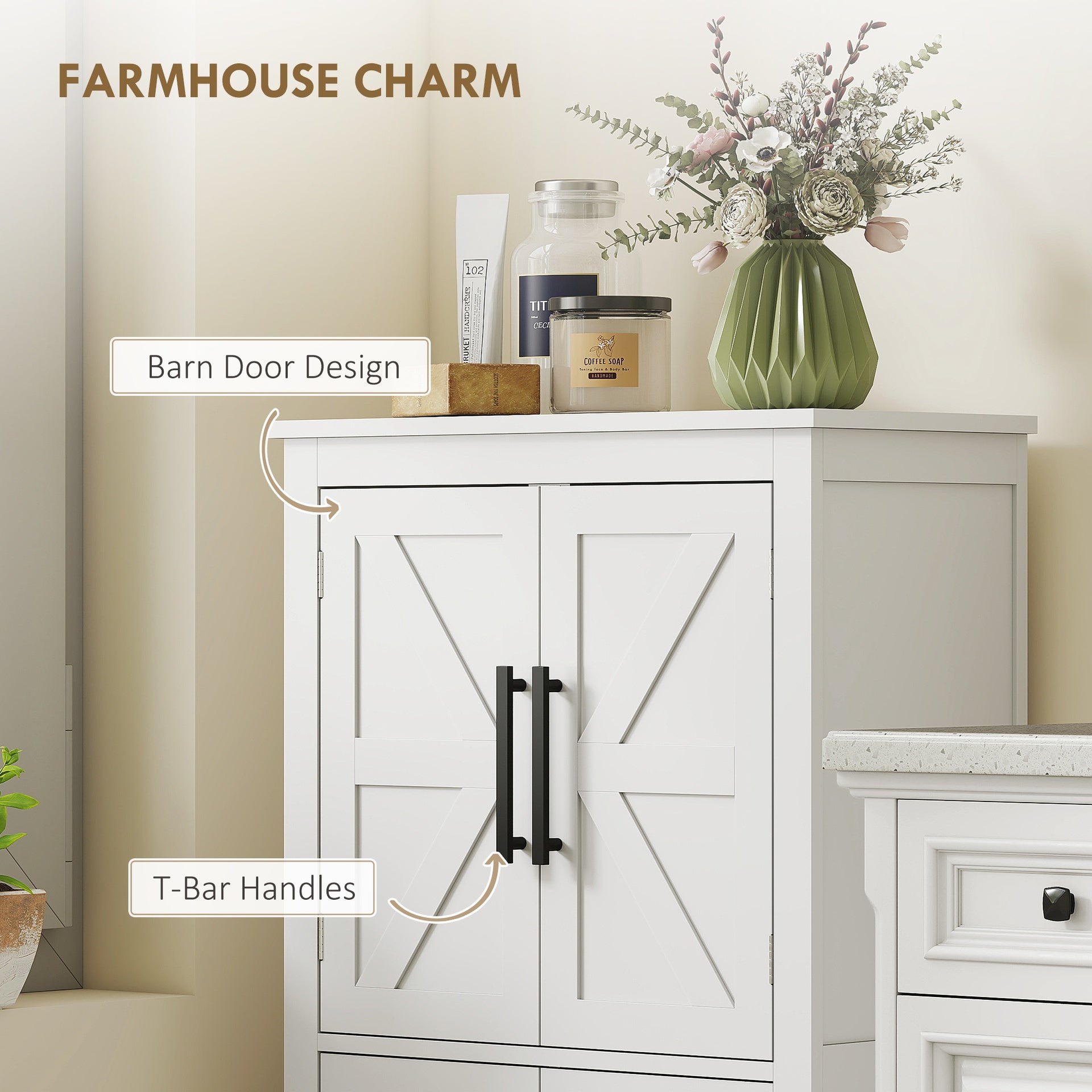 HOMCOM Bathroom Floor Storage Cabinet, Farmhouse Bathroom Cabinet with 4 Doors and Adjustable Shelf, White