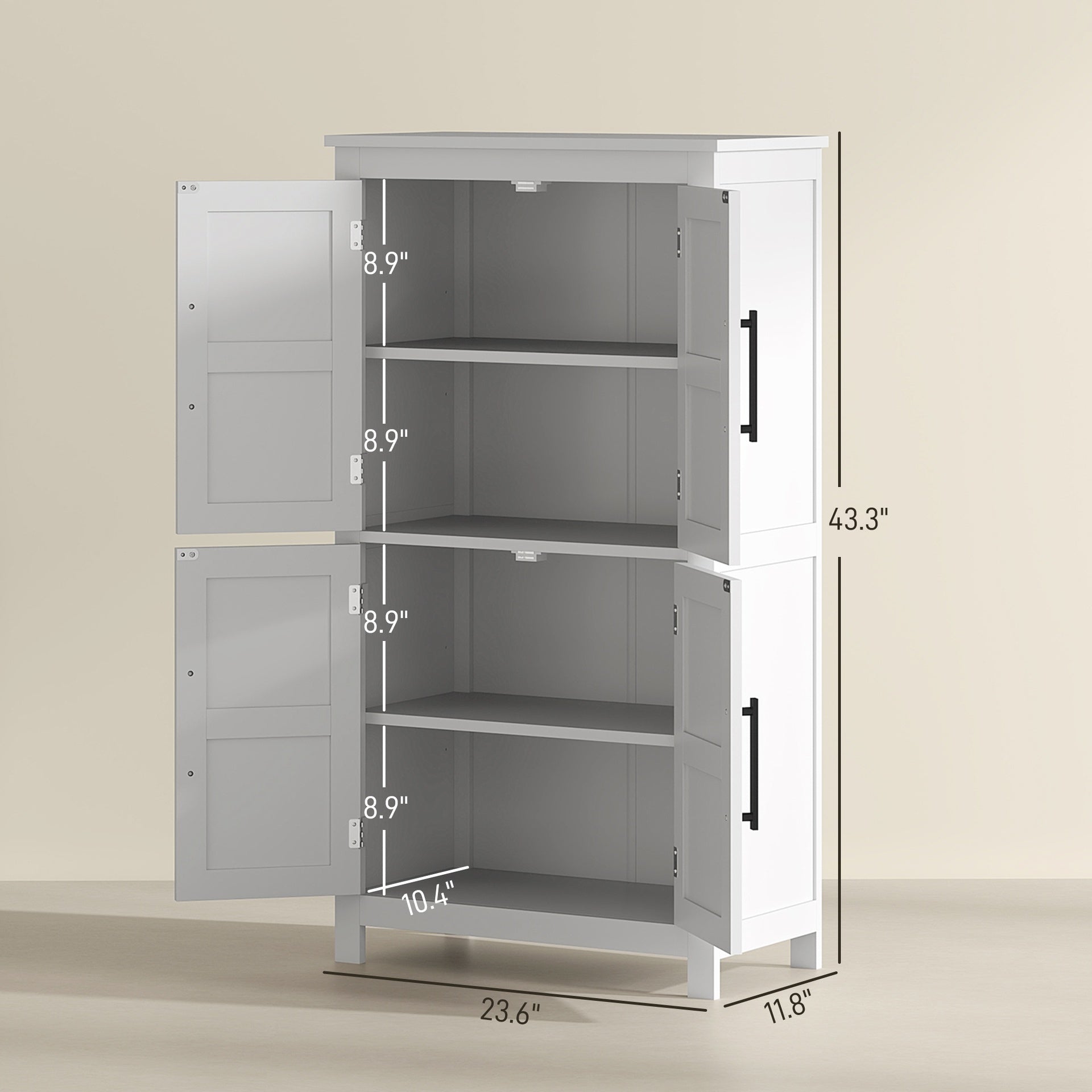 HOMCOM Bathroom Floor Storage Cabinet, Farmhouse Bathroom Cabinet with 4 Doors and Adjustable Shelf, White