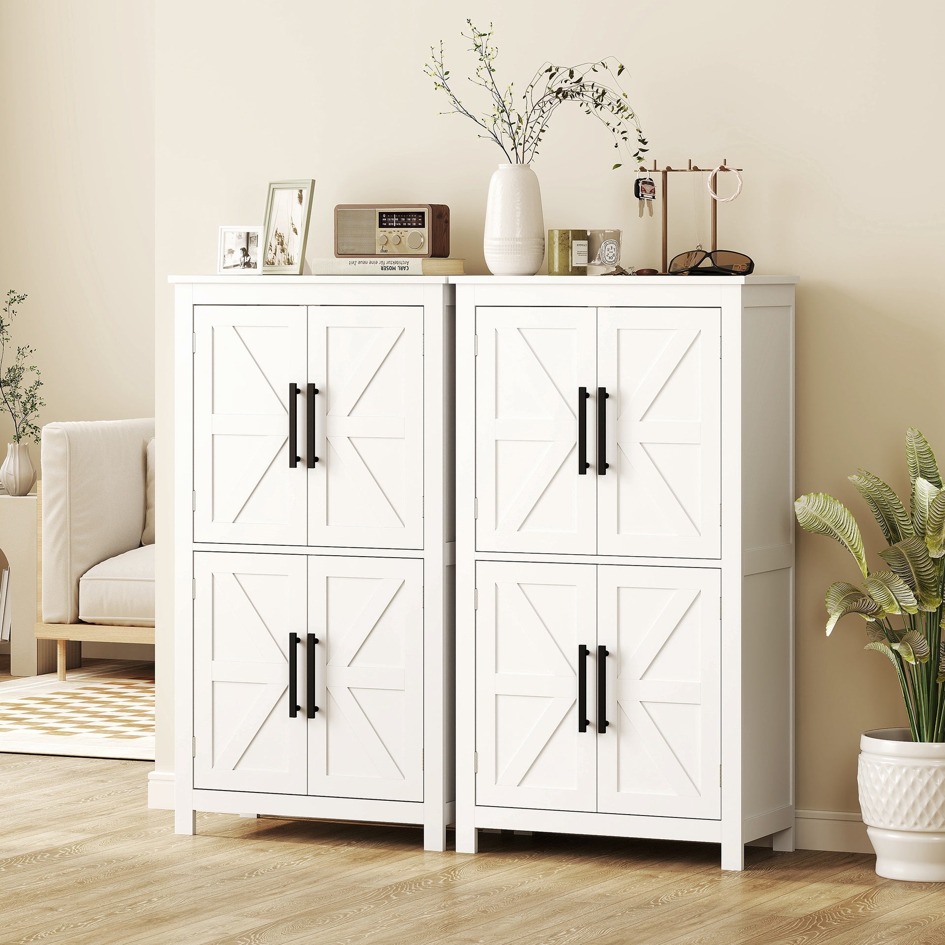 HOMCOM Bathroom Floor Storage Cabinet, Farmhouse Bathroom Cabinet with 4 Doors and Adjustable Shelf, White