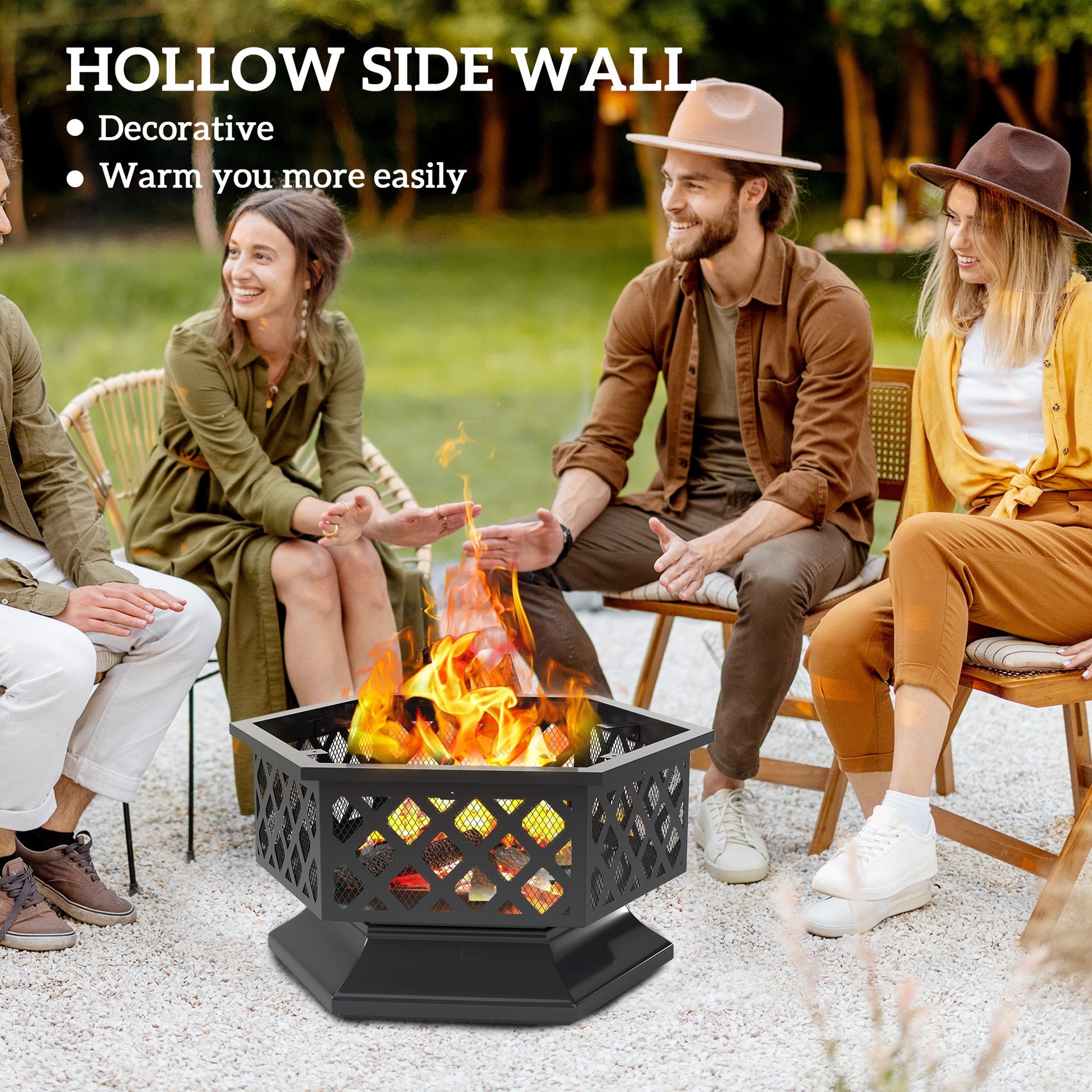 Outsunny 28" Outdoor Fire Pit with Grill Hexagon Fireplace Wood Burning Firepit with Cooking Grate, Fire Poker, Spark Screen Lid
