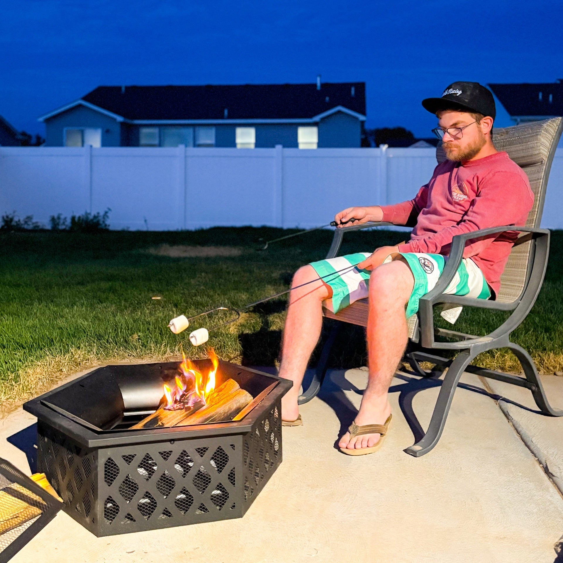 Outsunny 28" Outdoor Fire Pit with Grill Hexagon Fireplace Wood Burning Firepit with Cooking Grate, Fire Poker, Spark Screen Lid