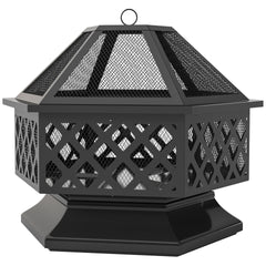 Outsunny 28" Outdoor Fire Pit with Grill Hexagon Fireplace Wood Burning Firepit with Cooking Grate, Fire Poker, Spark Screen Lid