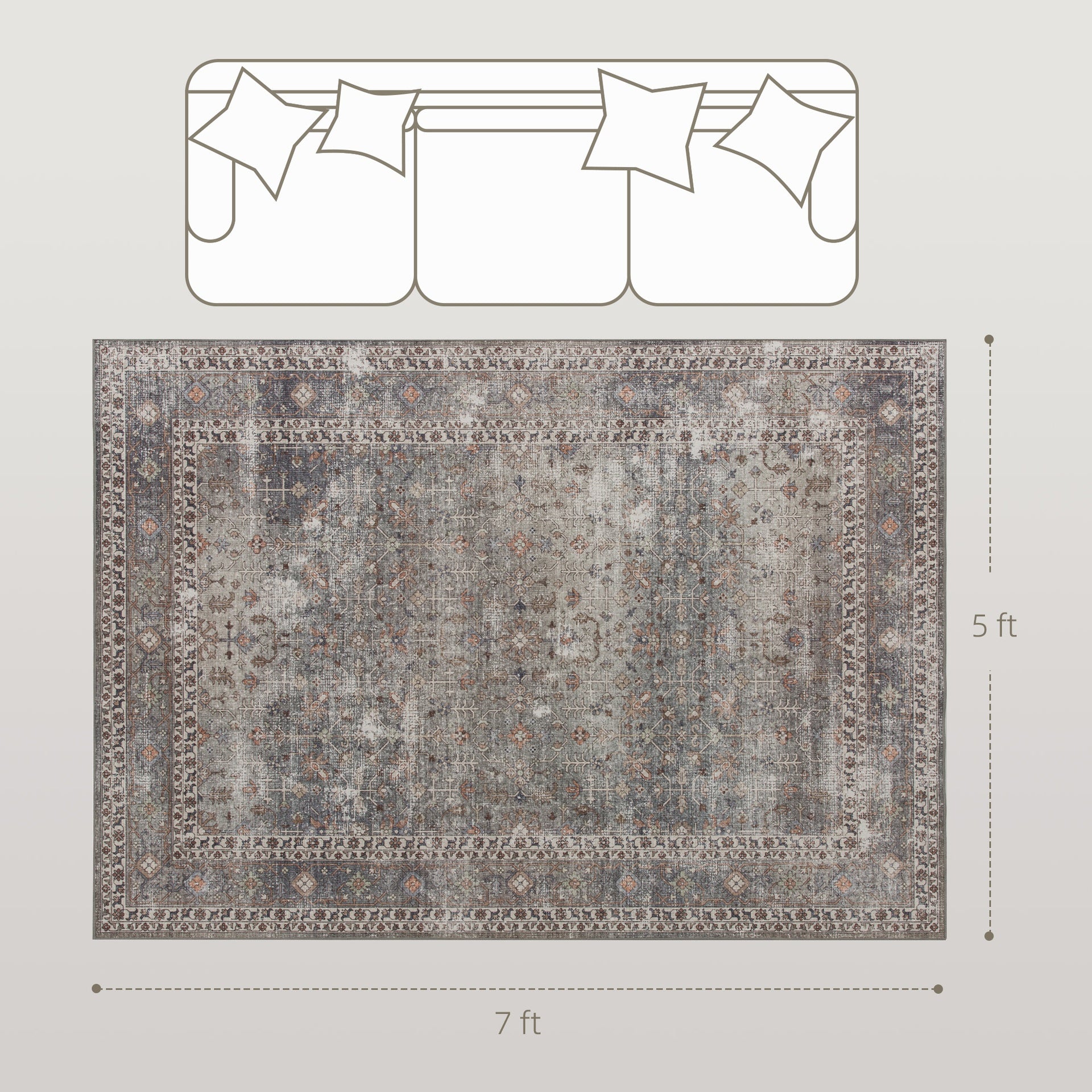 HOMCOM Machine Washable Area Rug 5x7, Non-Slip Traditional Floor Cover Foldable Carpet for Living Room, Dark Mixed-Brown