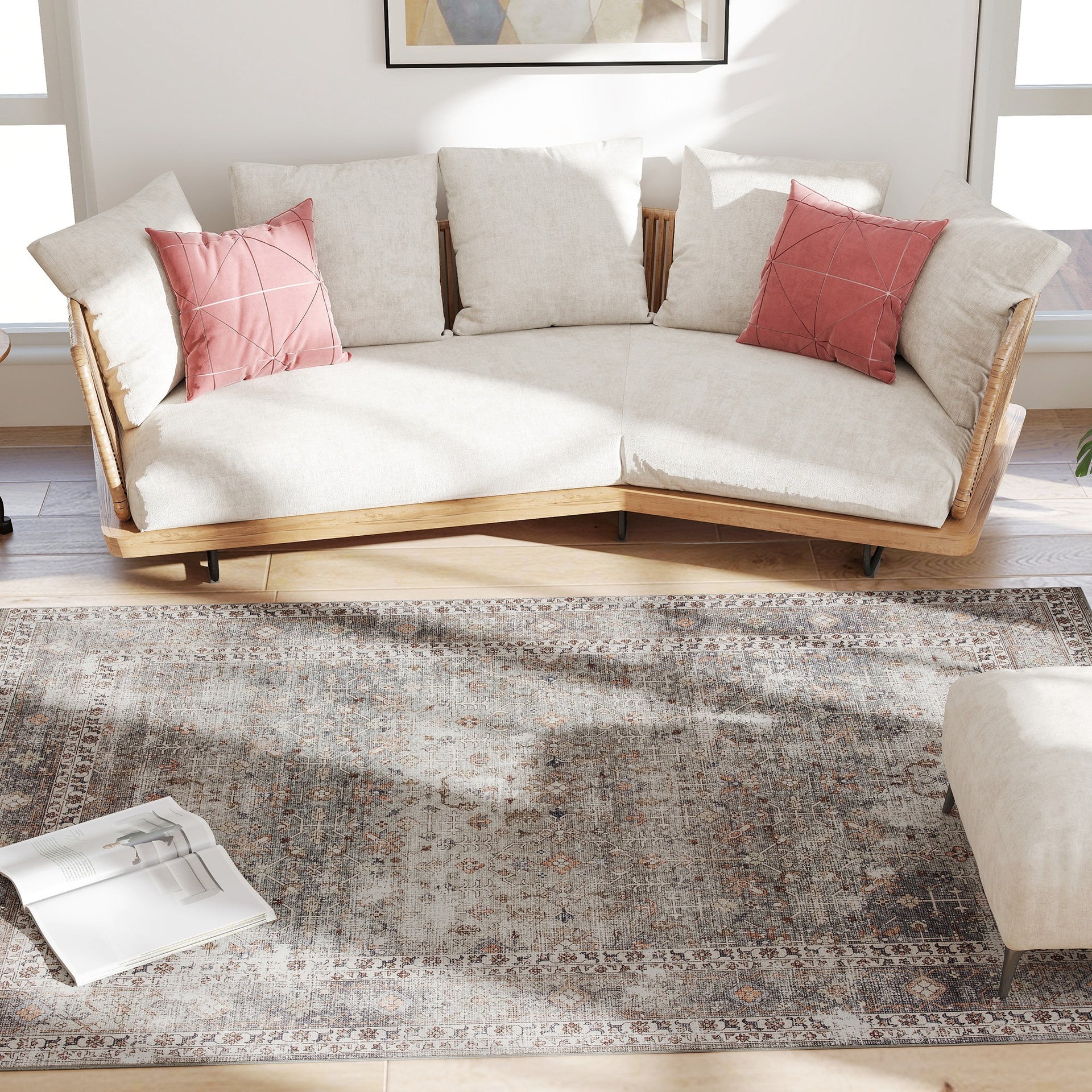 HOMCOM Machine Washable Area Rug 5x7, Non-Slip Traditional Floor Cover Foldable Carpet for Living Room, Dark Mixed-Brown
