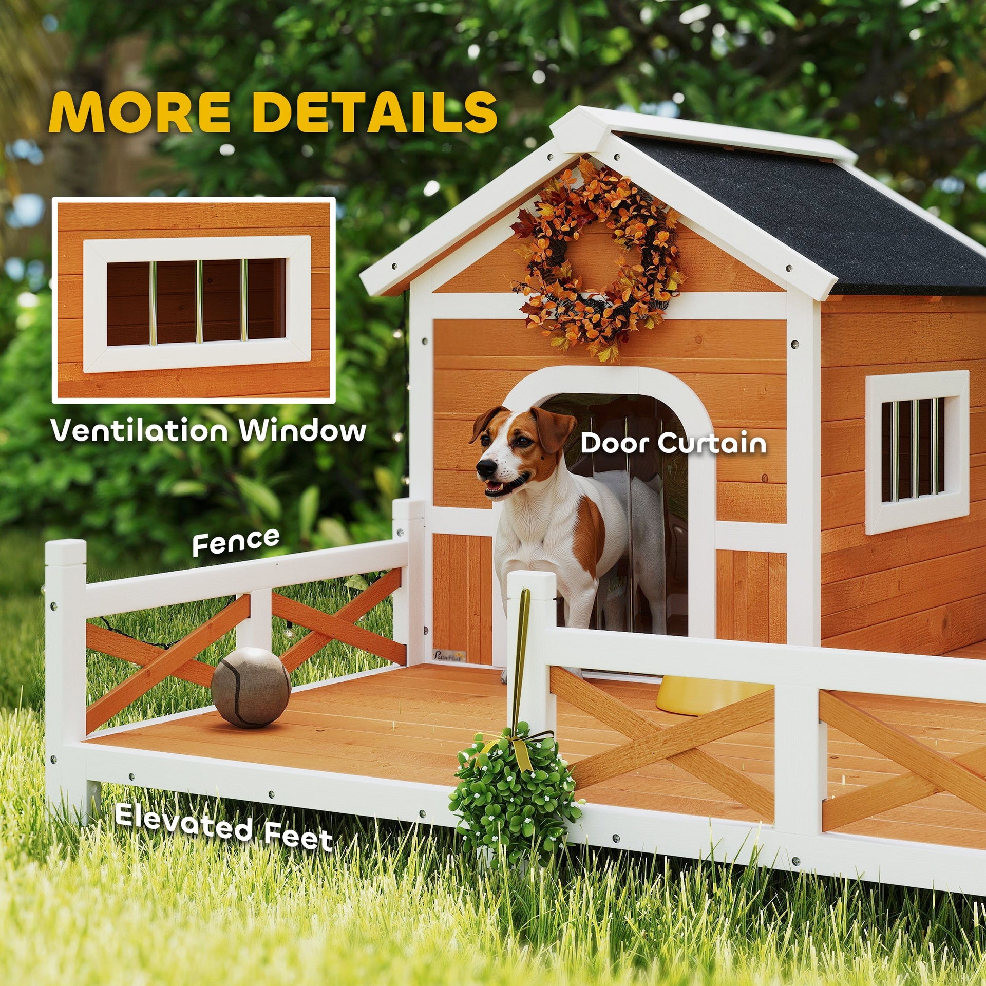 PawHut Outdoor Wooden Dog House, Dog Shelter with Large Porch, Weatherproof & Openable Roof, Elevated Base, Removable Floor