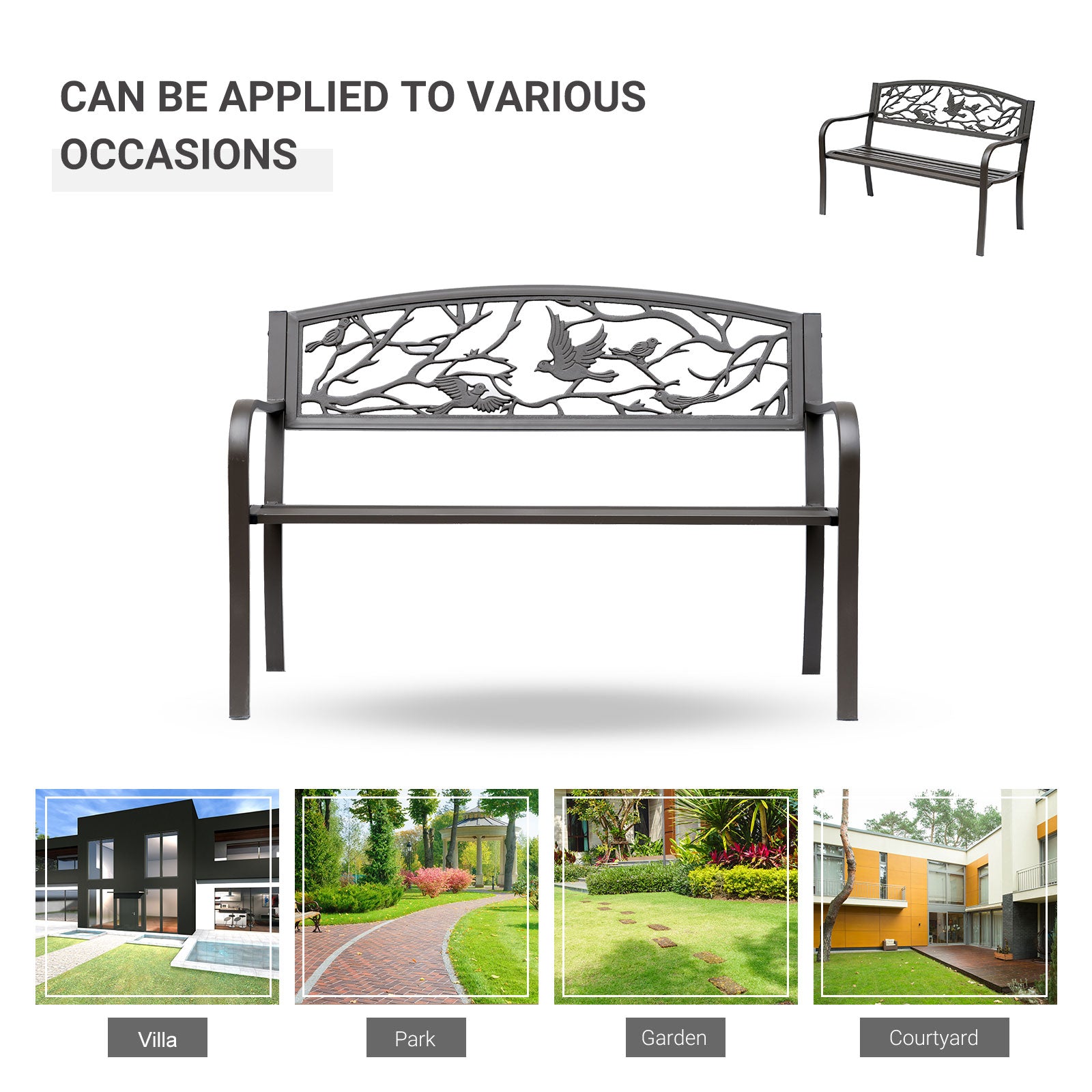 Outsunny 50" Vintage Bird Pattern Garden Cast Iron Patio Bench - Brown