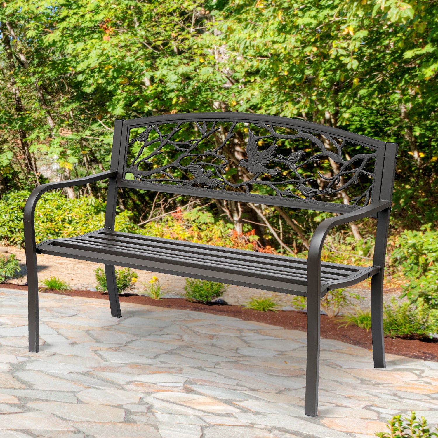 Outsunny 50" Vintage Bird Pattern Garden Cast Iron Patio Bench - Brown