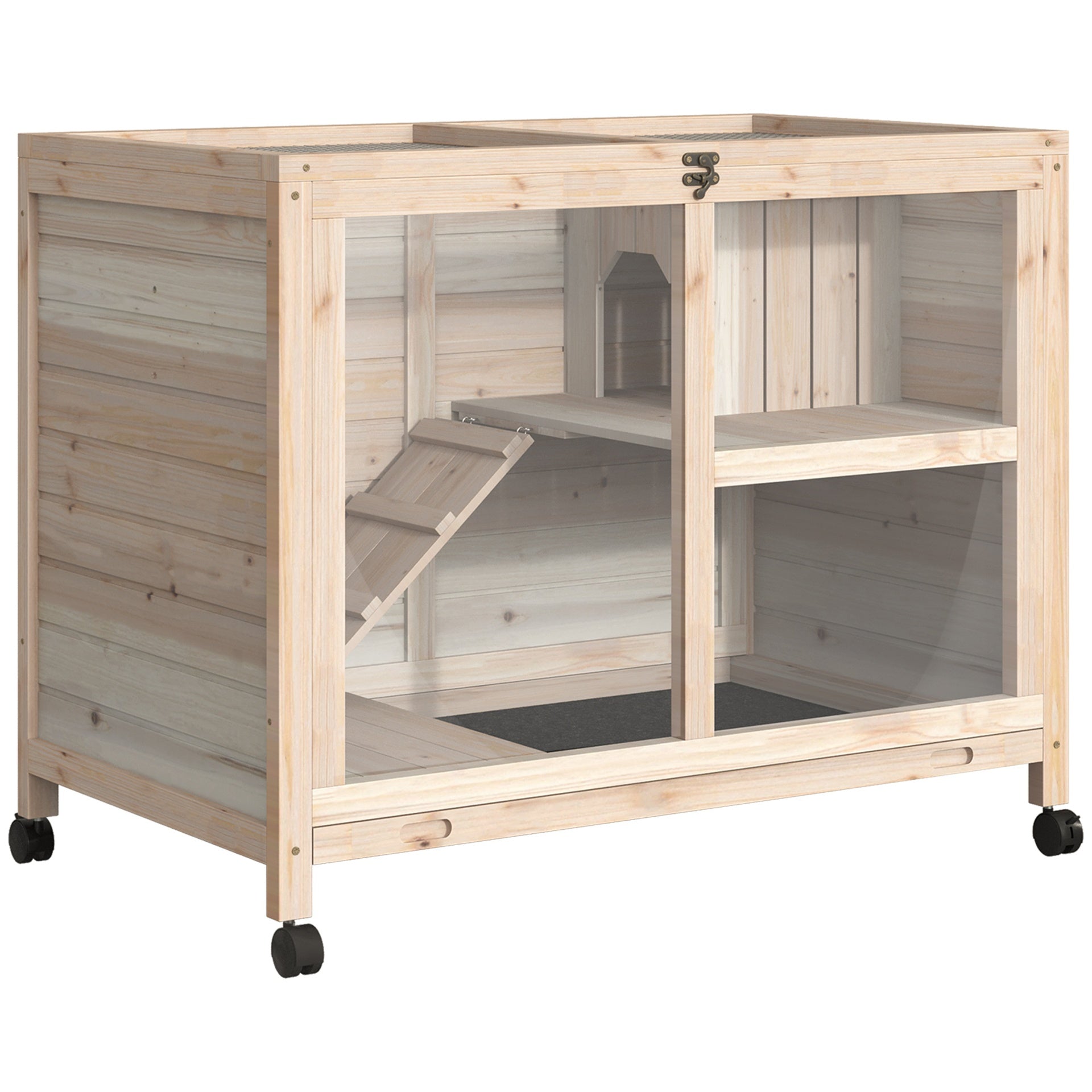 PawHut Rabbit Hutch with Wheels, Desk and Side Table Sized, Wooden Rabbit Cage, Waterproof Small Bunny Cage with Removable Tray, Openable Roof, for Rabbits, Chickens, Ducks, Indoor/Outdoor, Natural