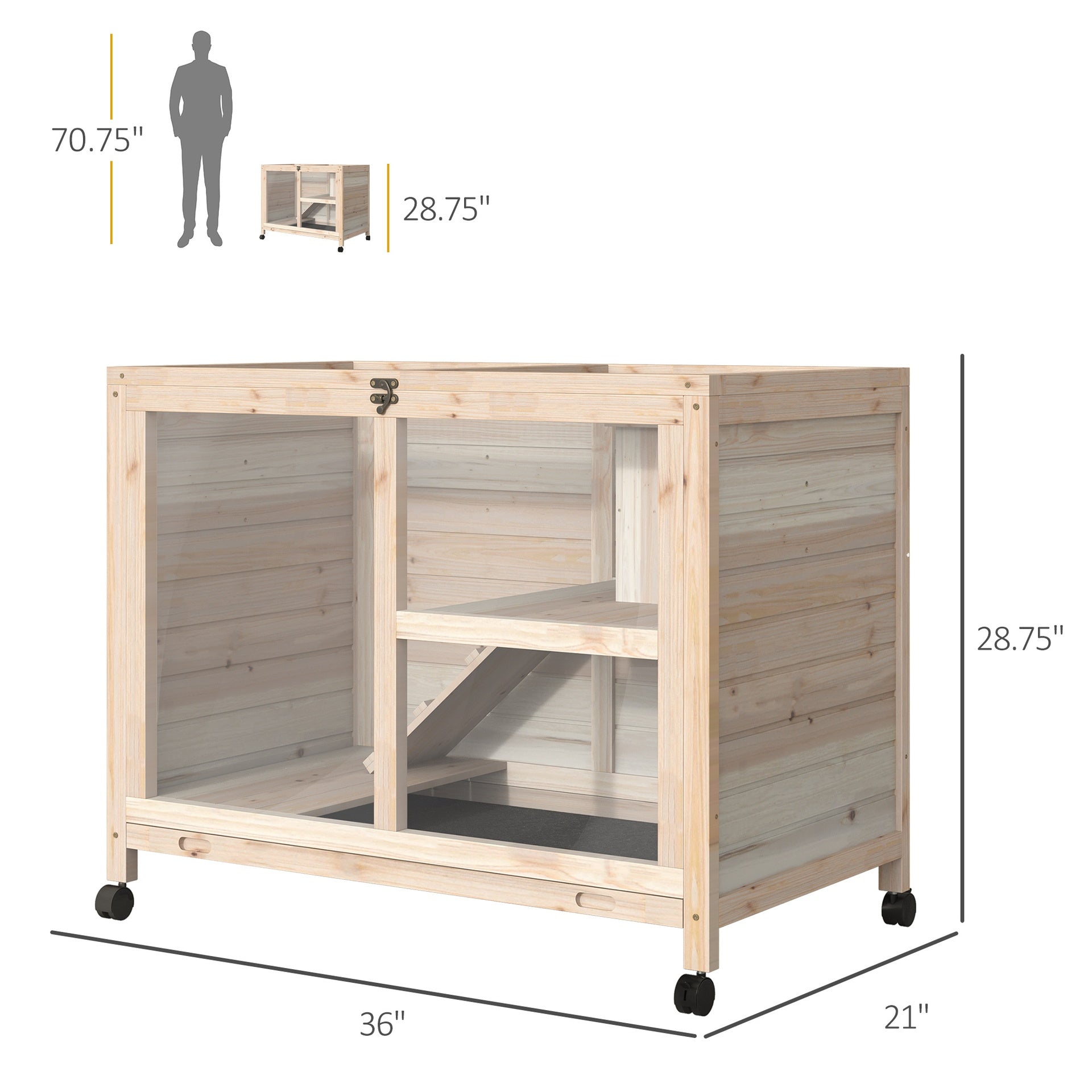 PawHut Rabbit Hutch with Wheels, Desk and Side Table Sized, Wooden Rabbit Cage, Waterproof Small Bunny Cage with Removable Tray, Openable Roof, for Rabbits, Chickens, Ducks, Indoor/Outdoor, Natural