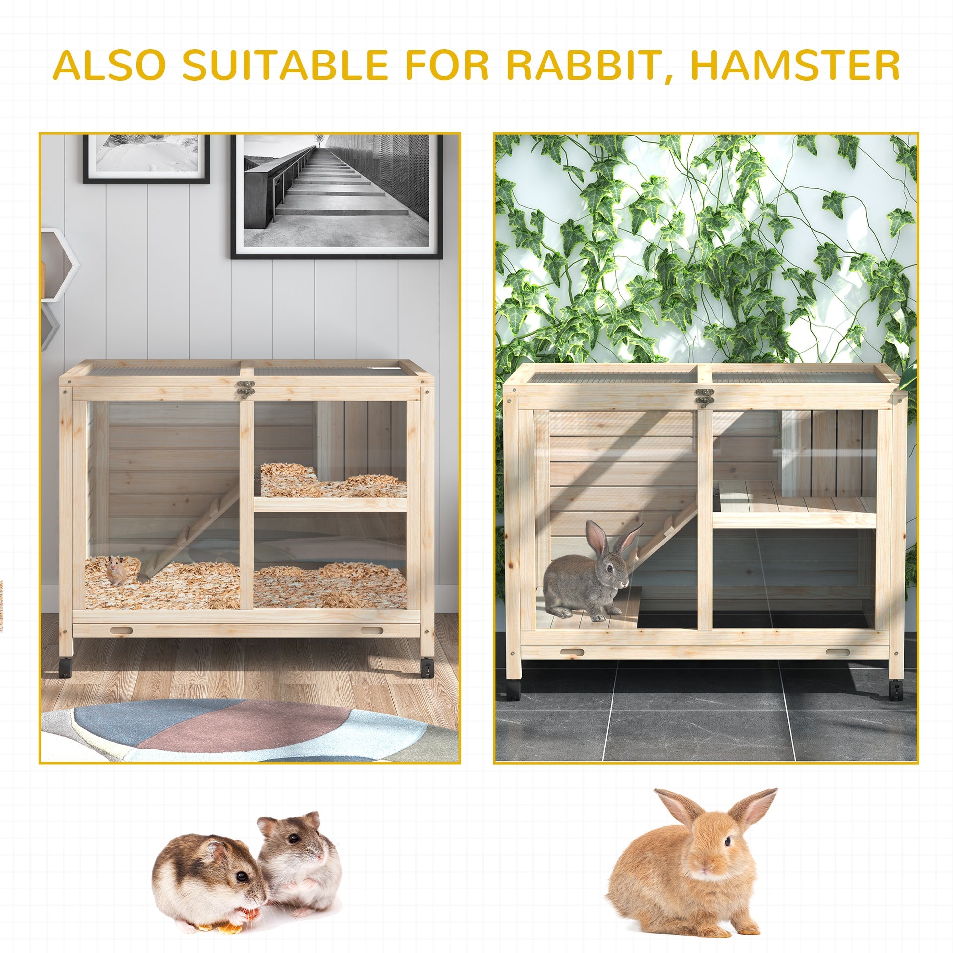 PawHut Rabbit Hutch with Wheels, Desk and Side Table Sized, Wooden Rabbit Cage, Waterproof Small Bunny Cage with Removable Tray, Openable Roof, for Rabbits, Chickens, Ducks, Indoor/Outdoor, Natural