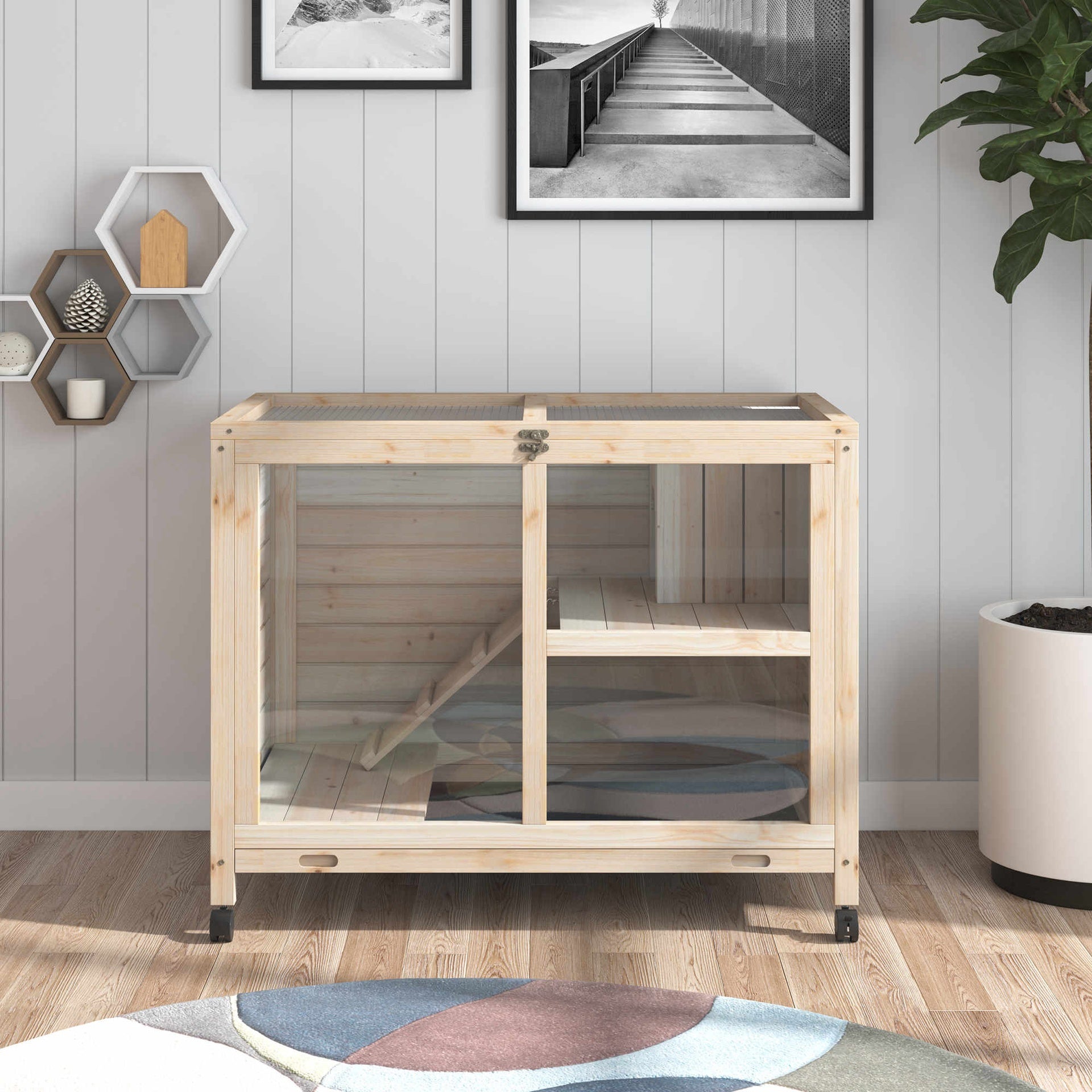 PawHut Rabbit Hutch with Wheels, Desk and Side Table Sized, Wooden Rabbit Cage, Waterproof Small Bunny Cage with Removable Tray, Openable Roof, for Rabbits, Chickens, Ducks, Indoor/Outdoor, Natural