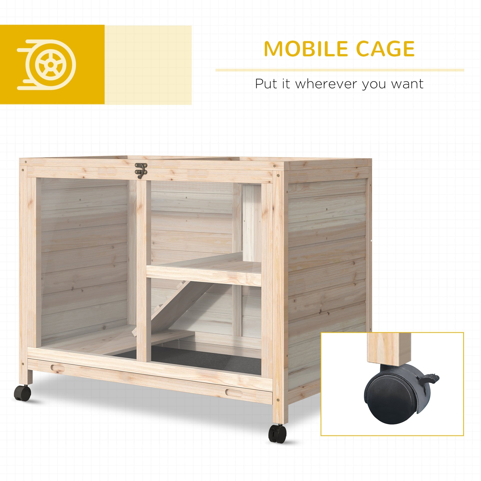 PawHut Rabbit Hutch with Wheels, Desk and Side Table Sized, Wooden Rabbit Cage, Waterproof Small Bunny Cage with Removable Tray, Openable Roof, for Rabbits, Chickens, Ducks, Indoor/Outdoor, Natural