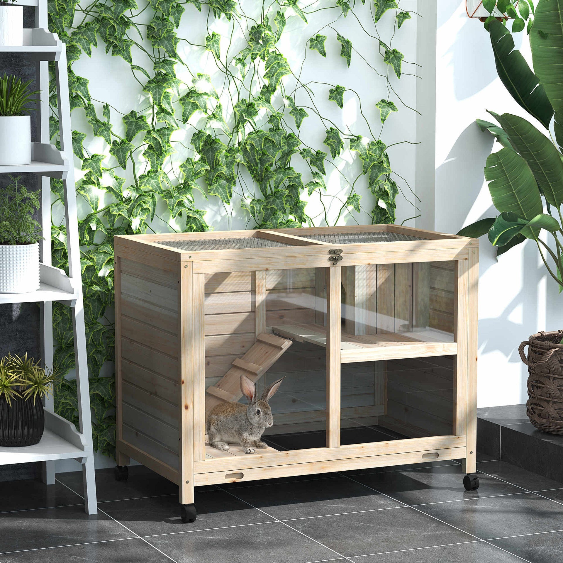 PawHut Rabbit Hutch with Wheels, Desk and Side Table Sized, Wooden Rabbit Cage, Waterproof Small Bunny Cage with Removable Tray, Openable Roof, for Rabbits, Chickens, Ducks, Indoor/Outdoor, Natural