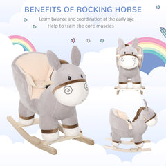 Qaba Kids Rocking Chair, Plush Ride On Rocking Horse Donkey with Sound, Wood Base Seat, Safety Belt, Baby Toddler Rocker Toy for 18 - 36 Months, Gray