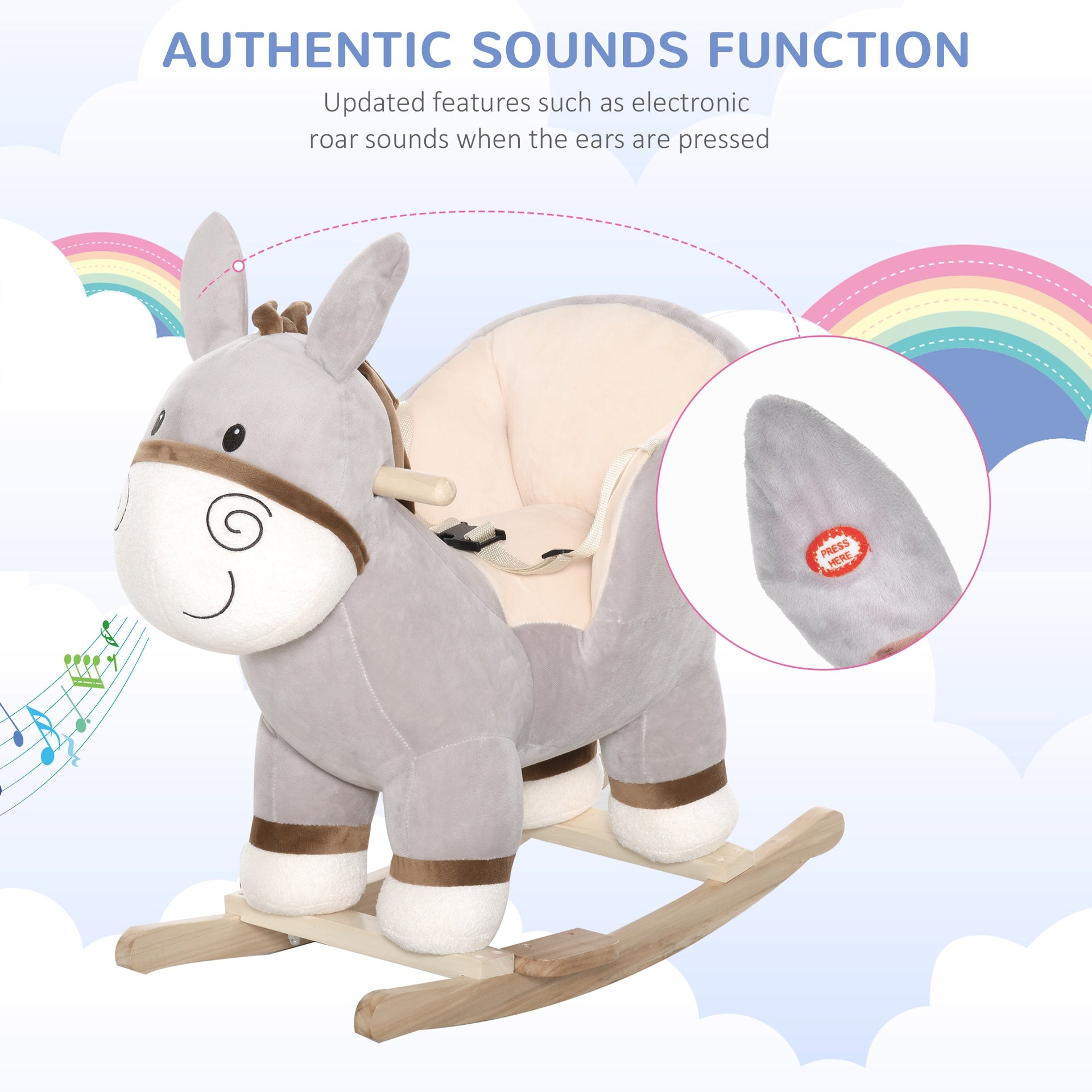 Qaba Kids Rocking Chair, Plush Ride On Rocking Horse Donkey with Sound, Wood Base Seat, Safety Belt, Baby Toddler Rocker Toy for 18 - 36 Months, Gray