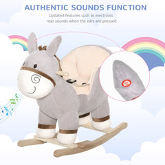 Qaba Kids Rocking Chair, Plush Ride On Rocking Horse Donkey with Sound, Wood Base Seat, Safety Belt, Baby Toddler Rocker Toy for 18 - 36 Months, Gray