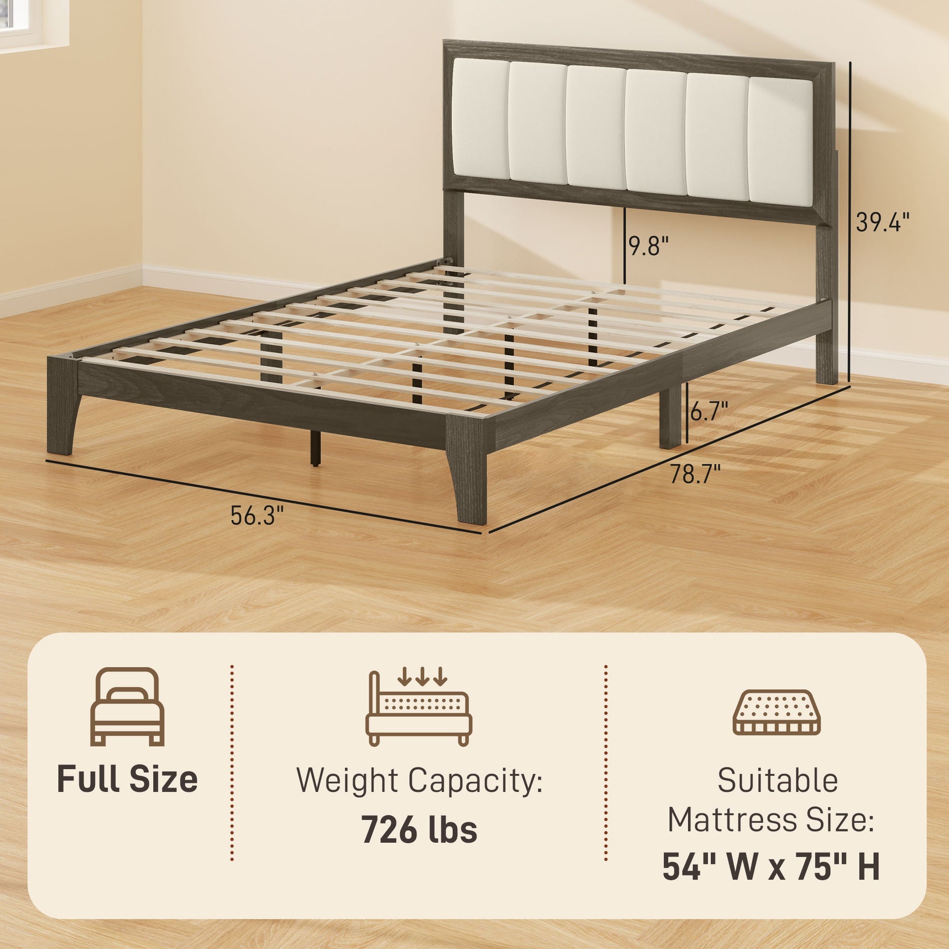HOMCOM Full Bed Frame with Headboard Full Size Platform Bed Frame with Wooden Slats No Box Spring Needed Charcoal Gray