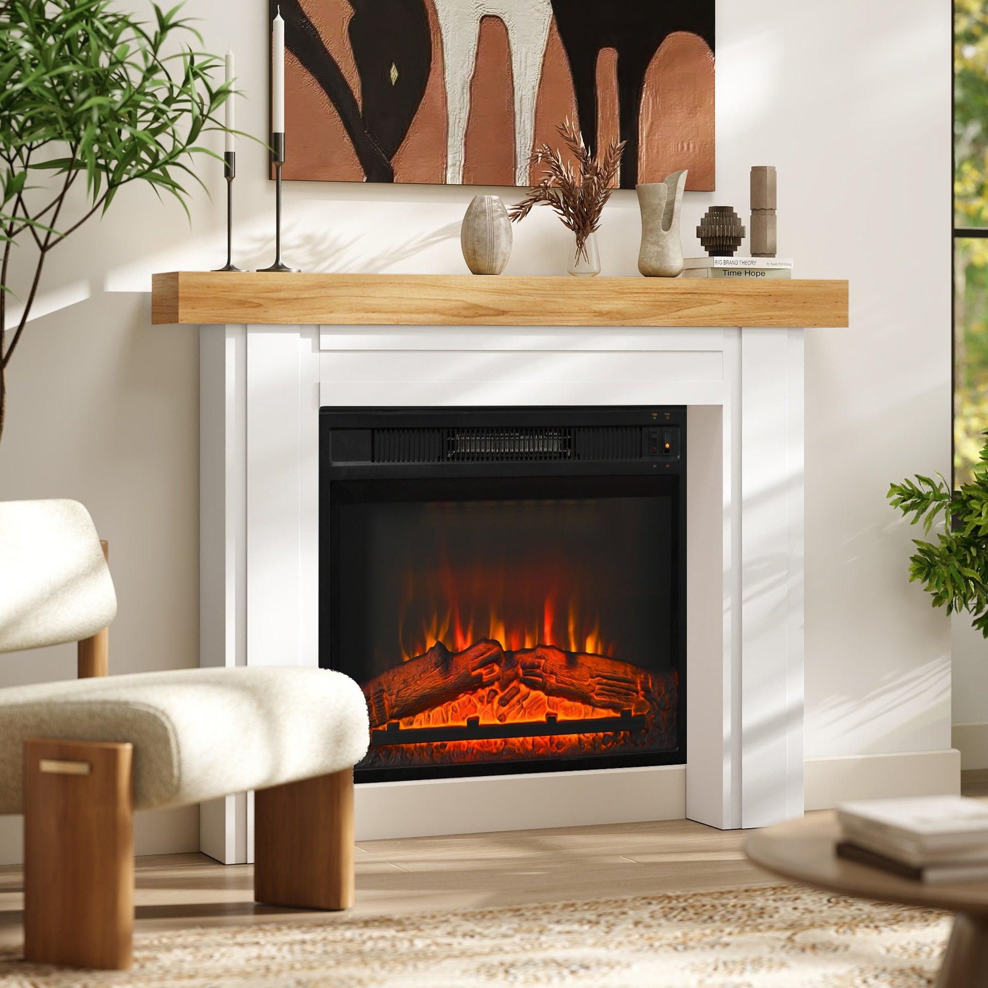 HOMCOM Modern Fireplace Mantel, Freestanding Fireplace Surround with Leg for Electric Fireplaces, 51.2" W x 40.6" H, Natural Wood