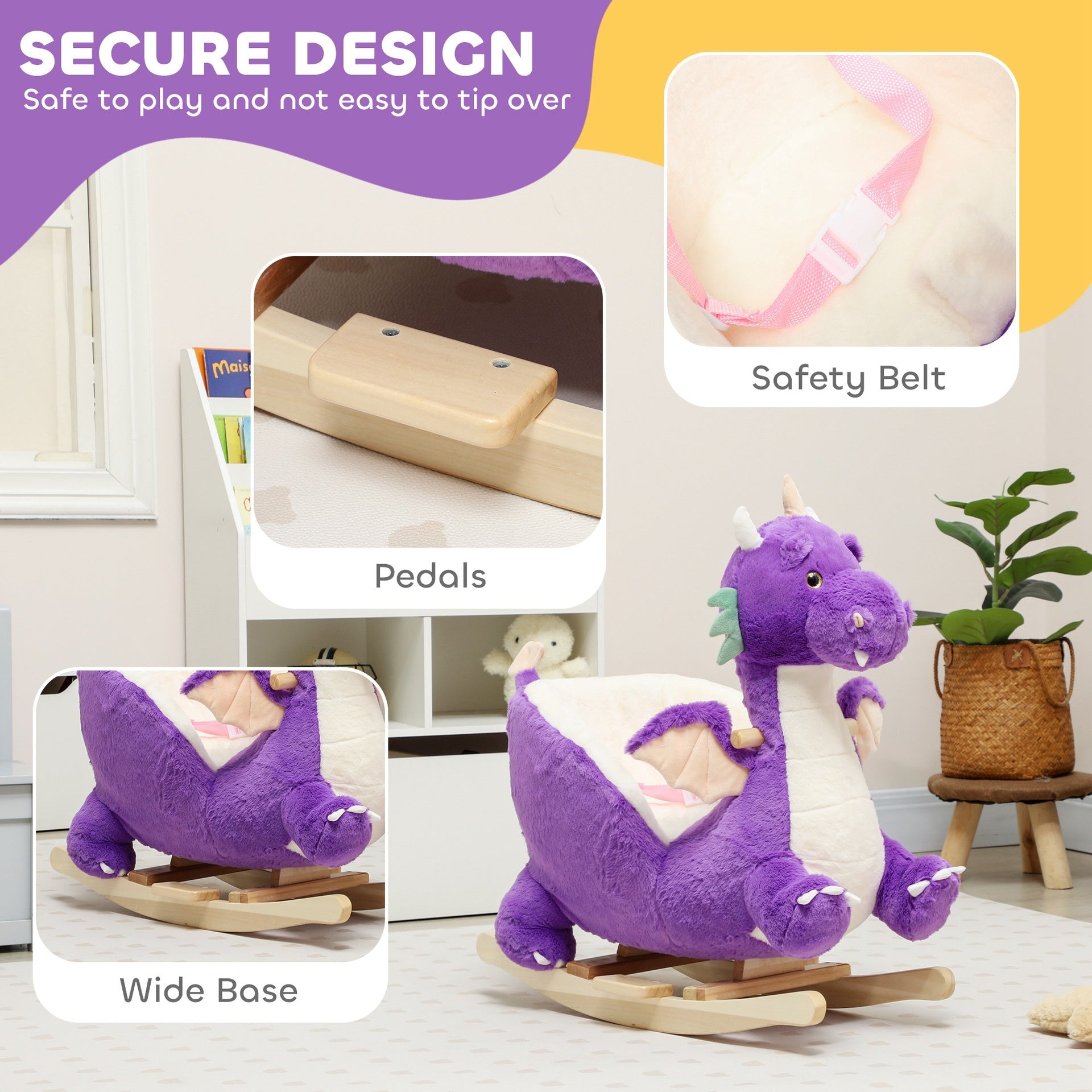Qaba Baby Rocking Horse, Kids Ride On Dragon Toy with Realistic Dragon Roar and Safety Belt for Kids 18–36 Months, Purple