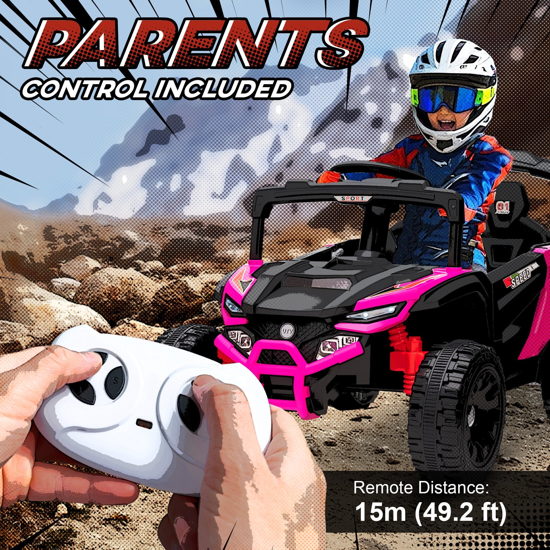 Qaba 12V Kids Ride On Truck, Battery Powered Electric UTV Vehicle with Rear Suspension, Remote Control for 3-5 Years, Pink