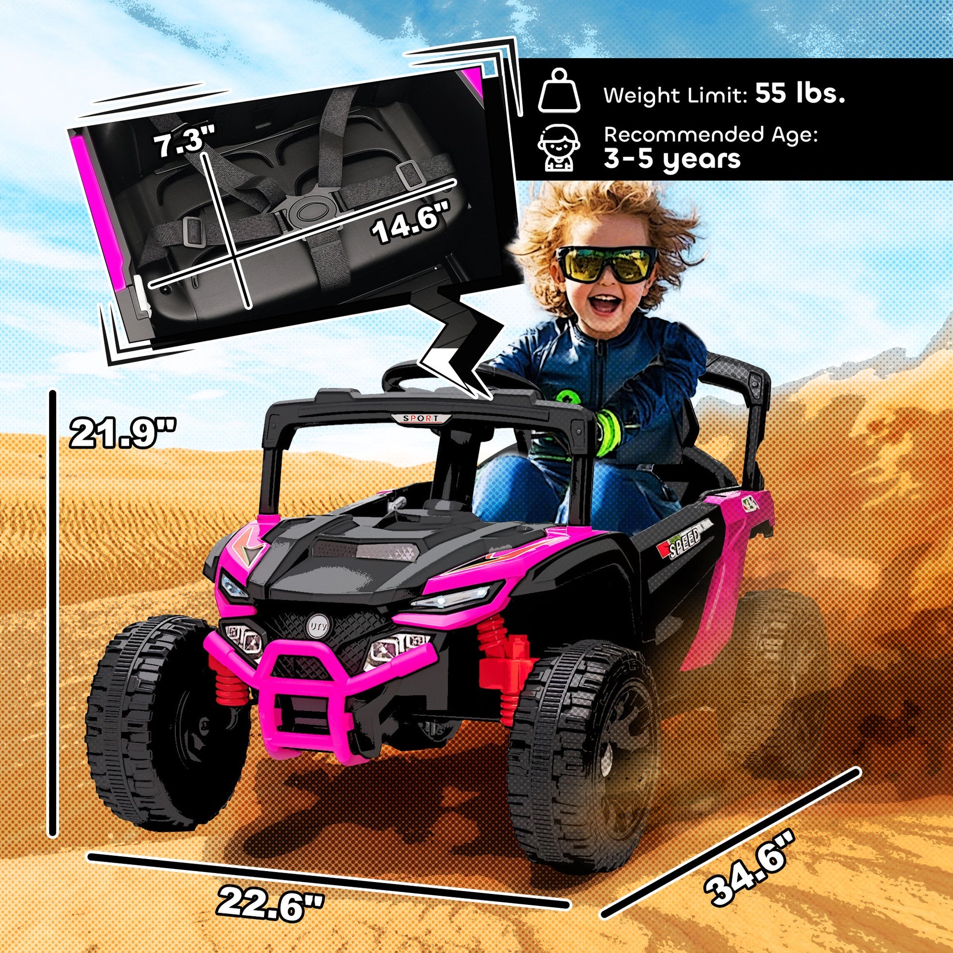 Qaba 12V Kids Ride On Truck, Battery Powered Electric UTV Vehicle with Rear Suspension, Remote Control for 3-5 Years, Pink