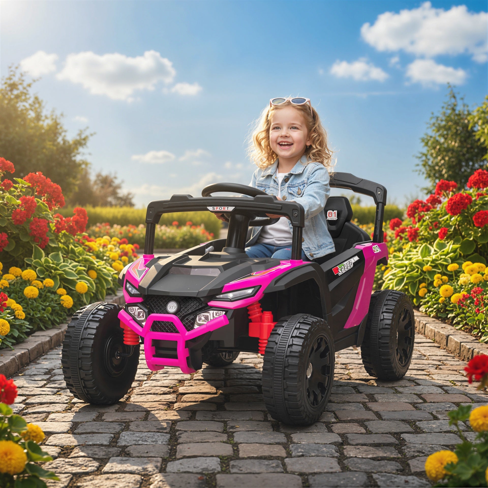 Qaba 12V Kids Ride On Truck, Battery Powered Electric UTV Vehicle with Rear Suspension, Remote Control for 3-5 Years, Pink