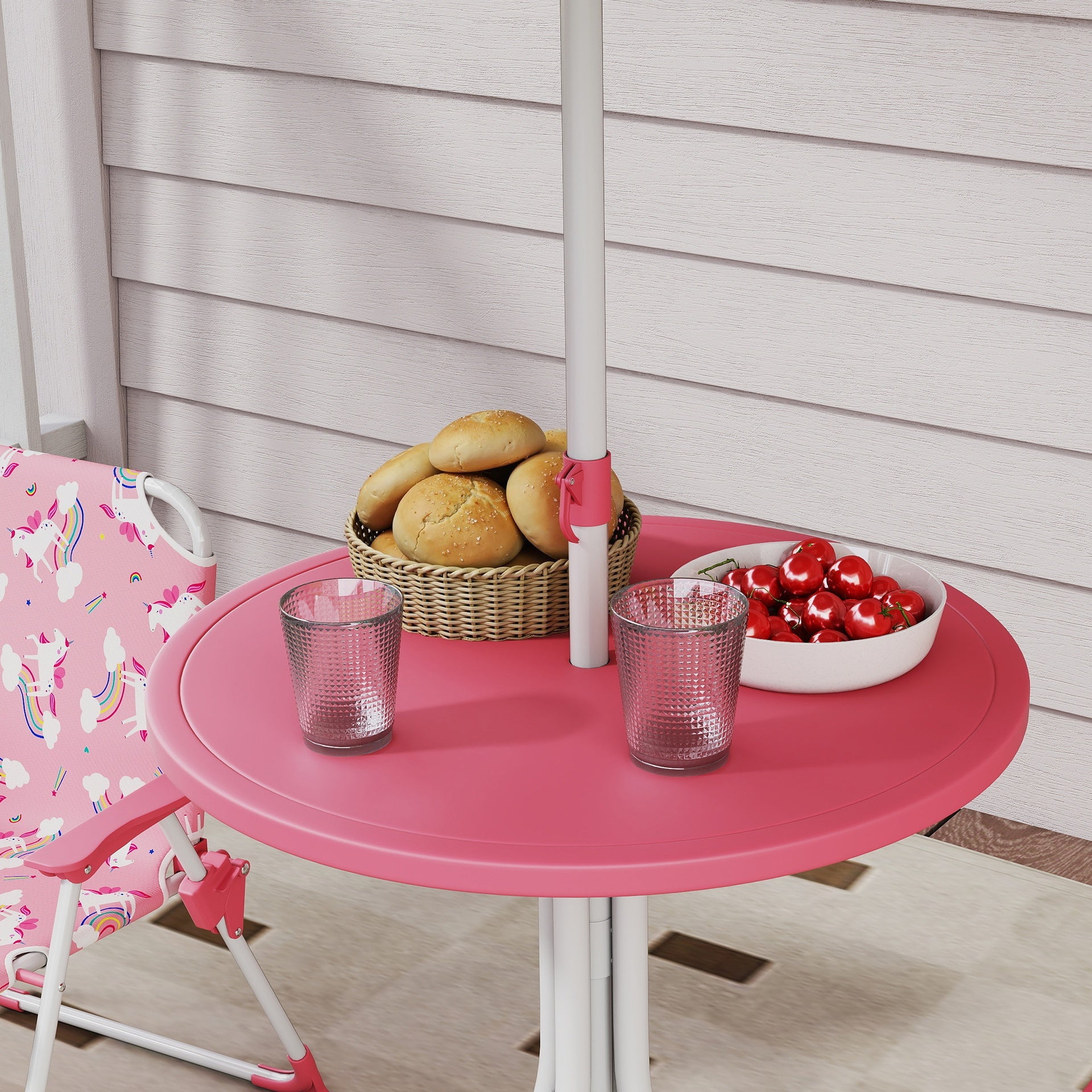 Qaba Kids Picnic Table, Kids Table and Chair Set with 2 Folding Chairs and Umbrella for Backyard, Garden, Patio, Pink